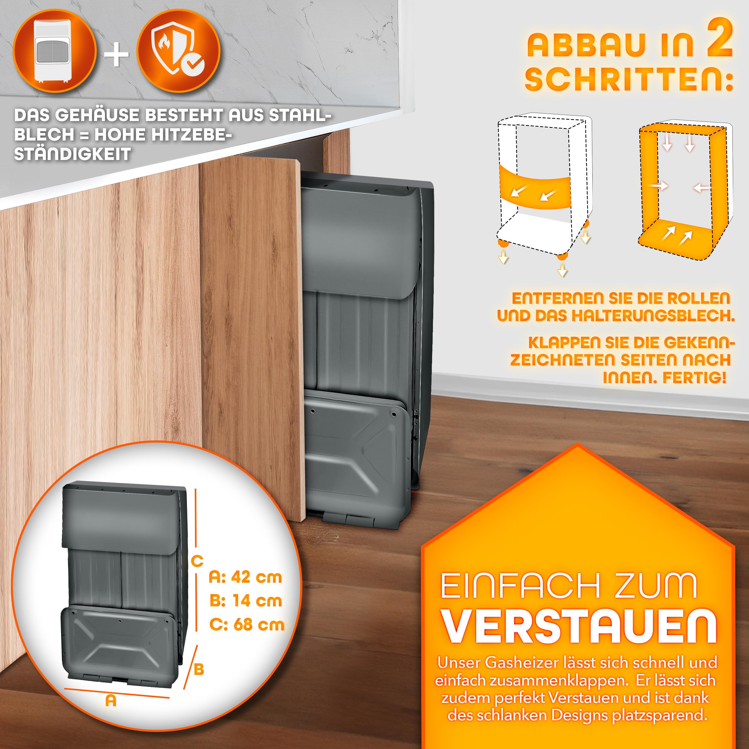 TRESKO 4200 Watt Gasheizung inkl. Gasdruckregler Gasschlauch + Abdeckung | Gasheizer Gasofen Gasheizofen mit 3 Stufen | Infrarot Gasheizgerät (Anthrazit)