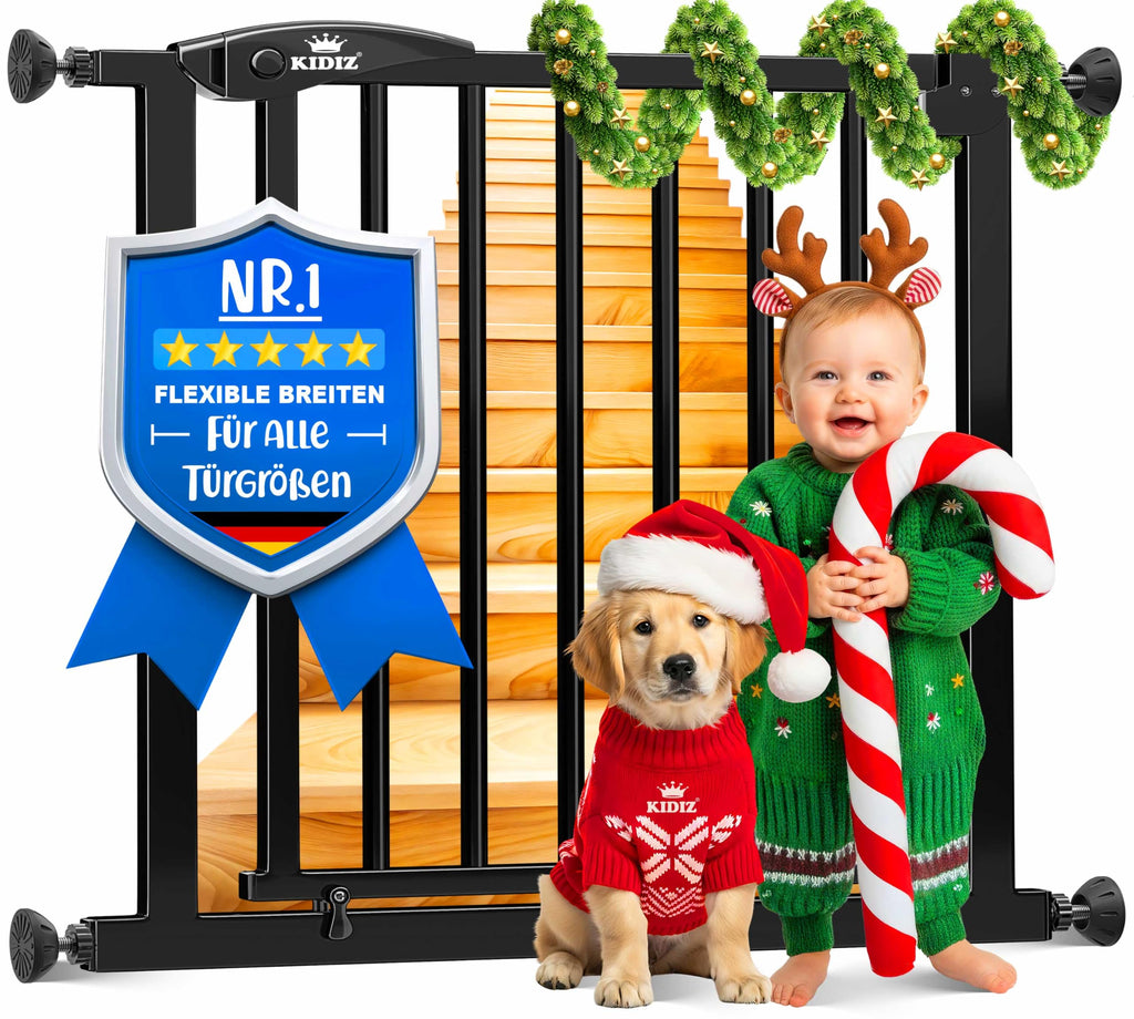 KIDIZ Treppenschutzgitter ohne Bohren | Verstellbare Breite: 88-94 cm, 75 cm hoch, Türschutzgitter und Absperrgitter für Kinder und Hunde, Beidseitige Einhand Öffnung, 90° Open-Stop System, Schwarz