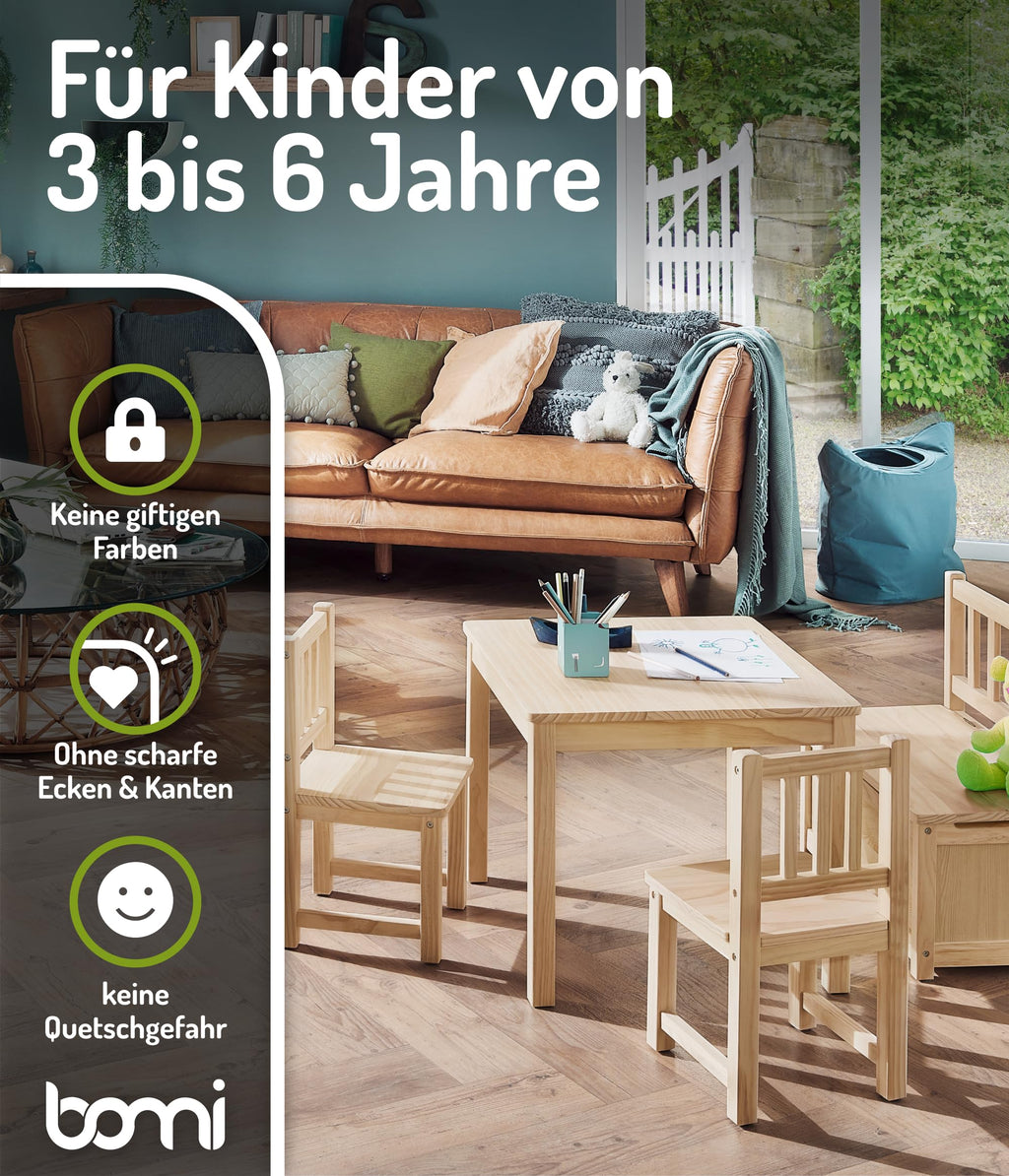 Bomi Kindersitzgruppe Anna mit integrierter Spielzeugkiste | Kinderzimmer-Set inkl. Kindertisch mit 2 Stühlen & Kindertruhenbank | Kindermöbel aus FSC nachhaltigem Kiefern Massiv Holz | Naturbelassen