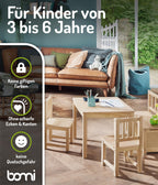 Bomi Kindersitzgruppe Anna mit integrierter Spielzeugkiste | Kinderzimmer-Set inkl. Kindertisch mit 2 Stühlen & Kindertruhenbank | Kindermöbel aus FSC nachhaltigem Kiefern Massiv Holz | Naturbelassen