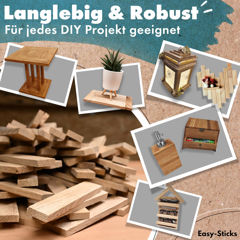 Easy-Sticks 3.0 Eiche – 210 Stück – Bastelholz OHNE Klebeband – Hölzchen für DIY Projekte und Deko – Hölzer zum Bauen und Verkleiden
