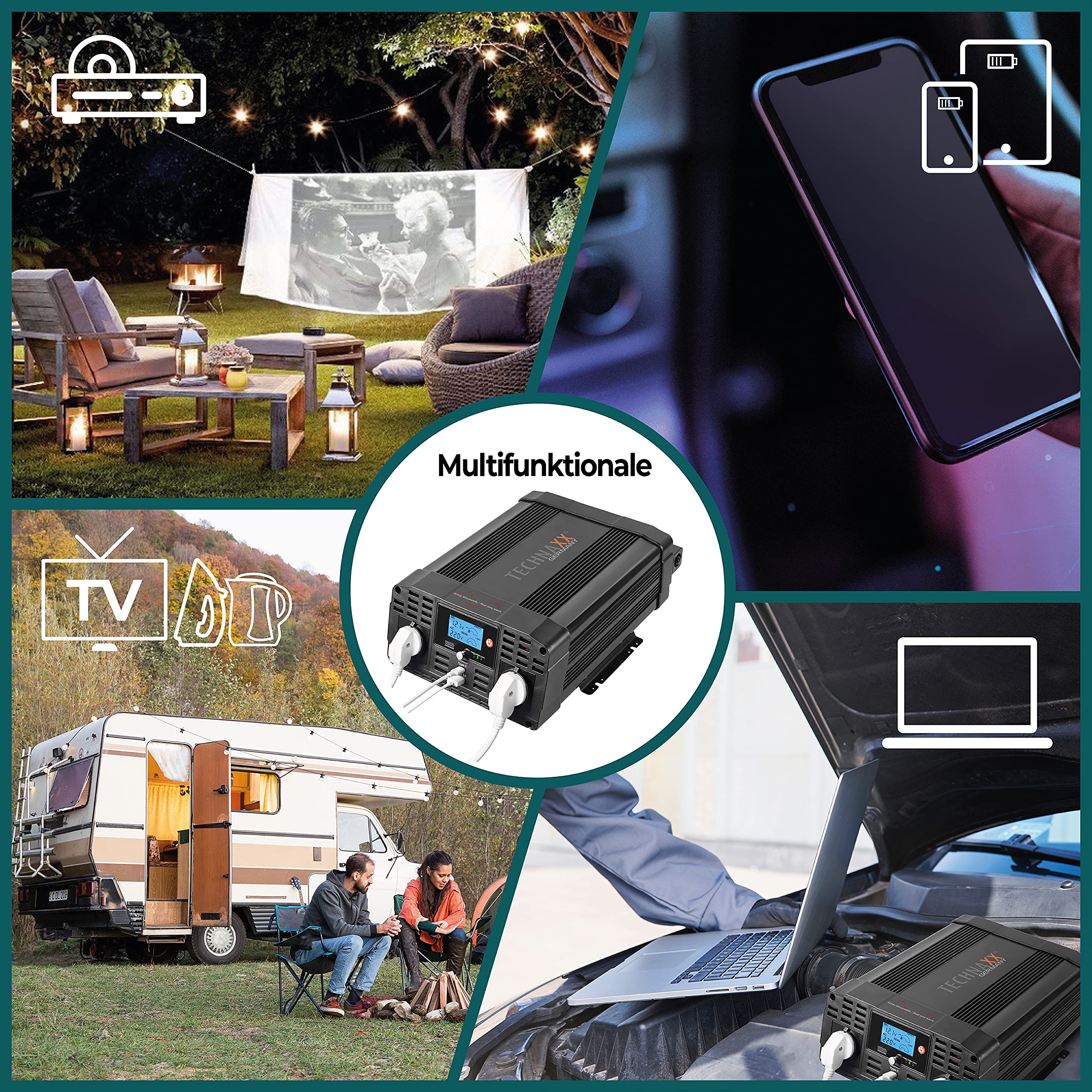 Technaxx KFZ Wechselrichter 12V auf 230V Reiner Sinus 2000W / 4000W – TÜV-zertifizierter Auto Spannungswandler mit LC-Display, 2x Schuko&USB-A QC 3.0 + USB-C – Inverter für Camping, Wohnmobil – TE22
