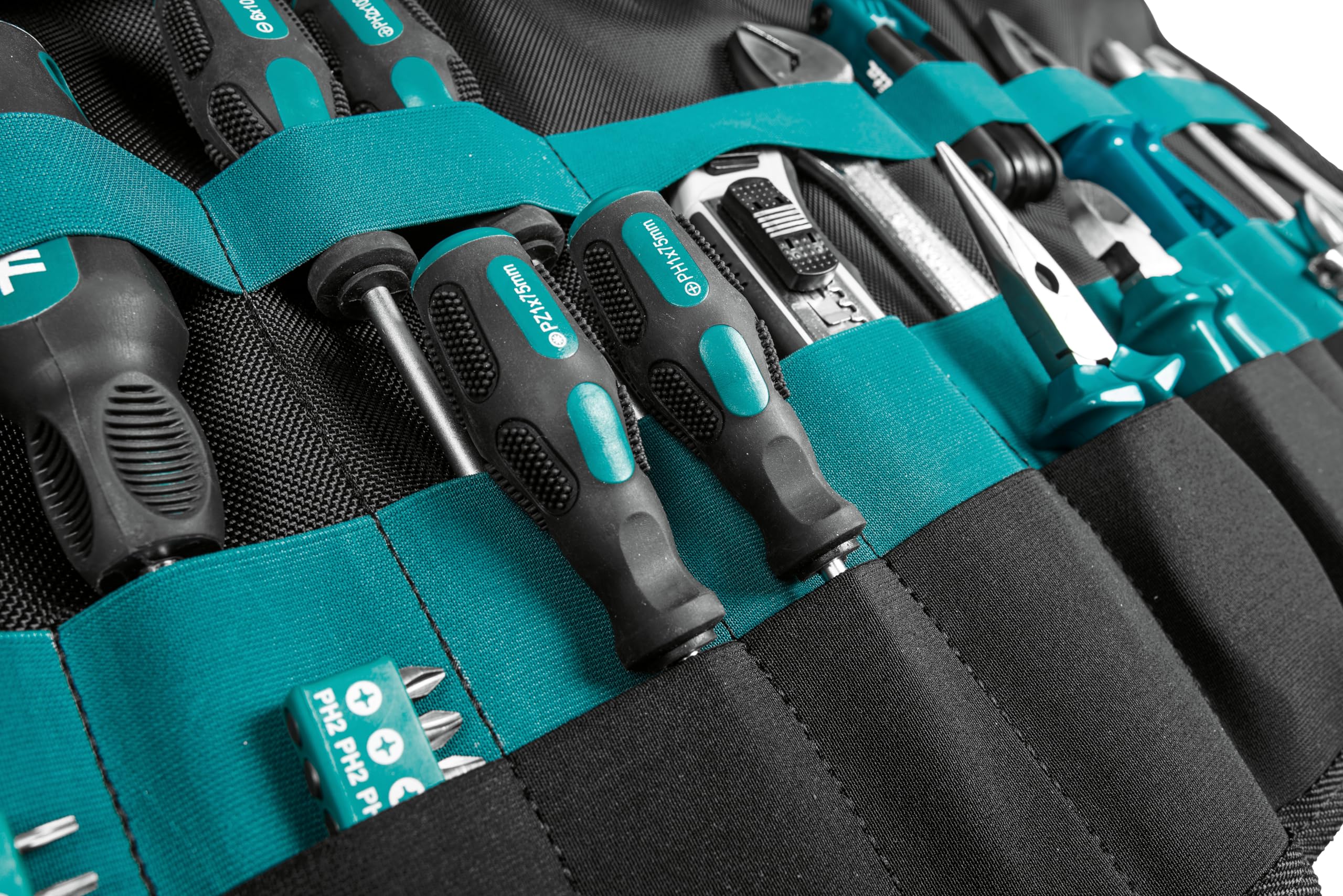 Makita E-15506 Werkzeug-Wickeltasche, klein und praktisch verstaubar, mit Tragegriff, Platz für eine Vielzahl von Handwerkzeugen, mit Schnellverschlussclipsen, Polyester, 350 x 45 x 195 mm (LxBxH)