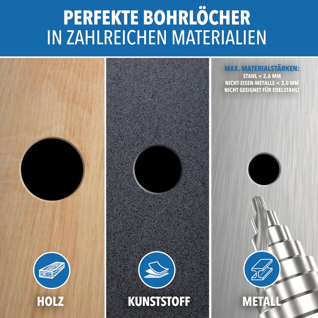 Stufenbohrer 6–60 mm aus HSS 4241 – Spiralnut mit 12 mm Schaft – Kegelbohrer Schälbohrer für Metall Kunststoff Holz – extra großer Lochbohrer für präzise Bohrungen