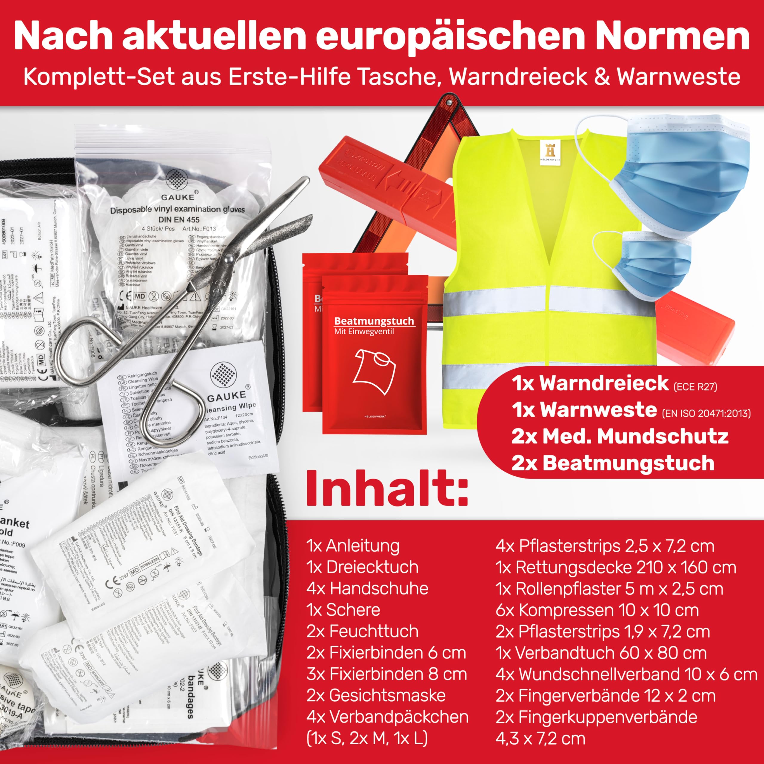 KFZ Kombitasche (3 in 1) nach aktueller Norm 2026 - Inkl. Warndreieck, Warnweste - Verbandskasten Warndreieck Set Verbandskasten Auto DIN 13164:2022 (StVO konform)