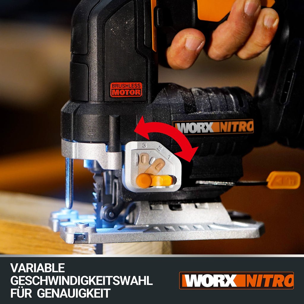 WORX Nitro WX542.9 Akku-Pendelhub-Stichsäge 20V - Bürstenloser Motor - Profi Stichsäge Mit Absaug-Adapter - Ideal Auch Für Gehrungsschnitte - PowerShare Kompatibel - Ohne Akku & Ladegerät