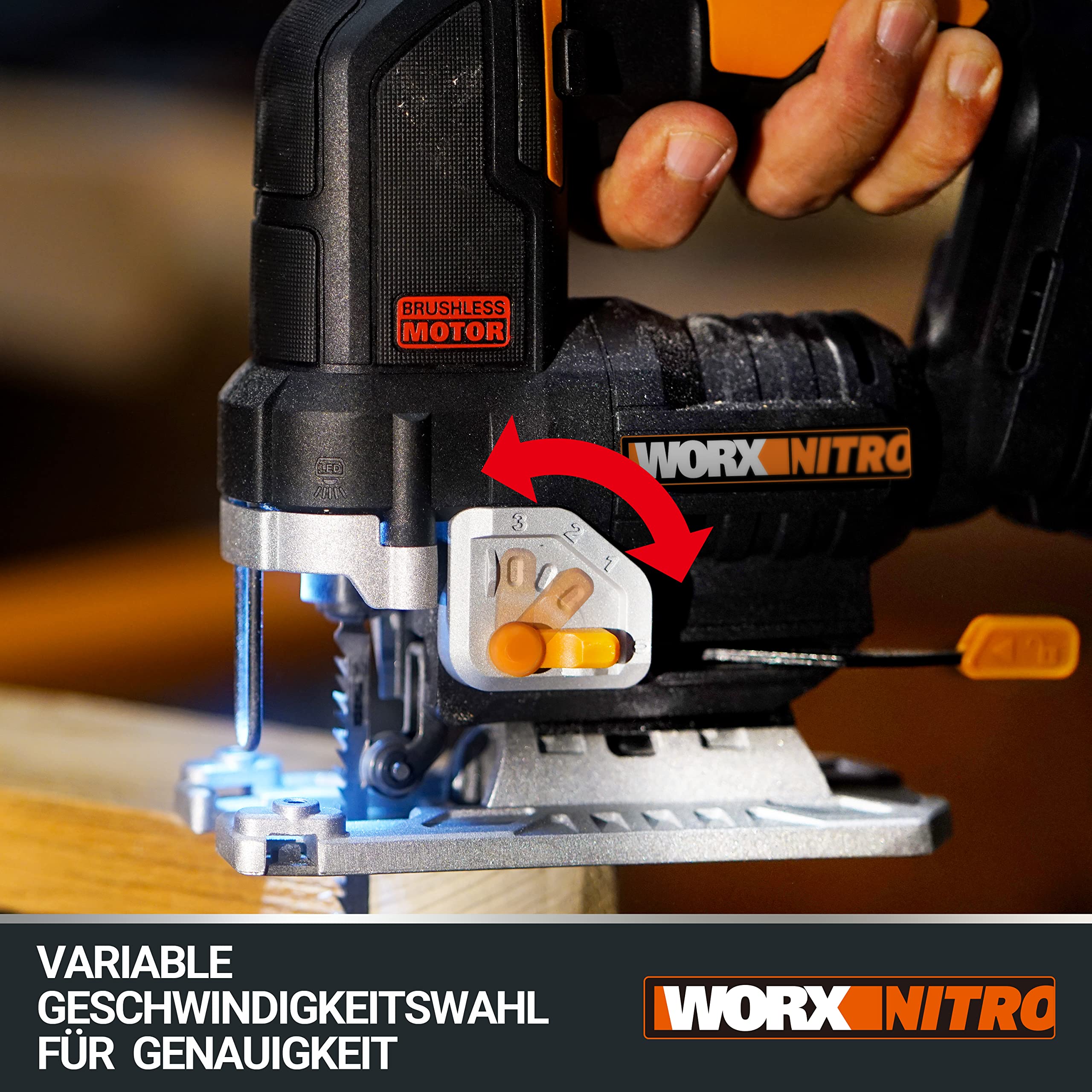 WORX Nitro WX542.9 Akku-Pendelhub-Stichsäge 20V - Bürstenloser Motor - Profi Stichsäge Mit Absaug-Adapter - Ideal Auch Für Gehrungsschnitte - PowerShare Kompatibel - Ohne Akku & Ladegerät