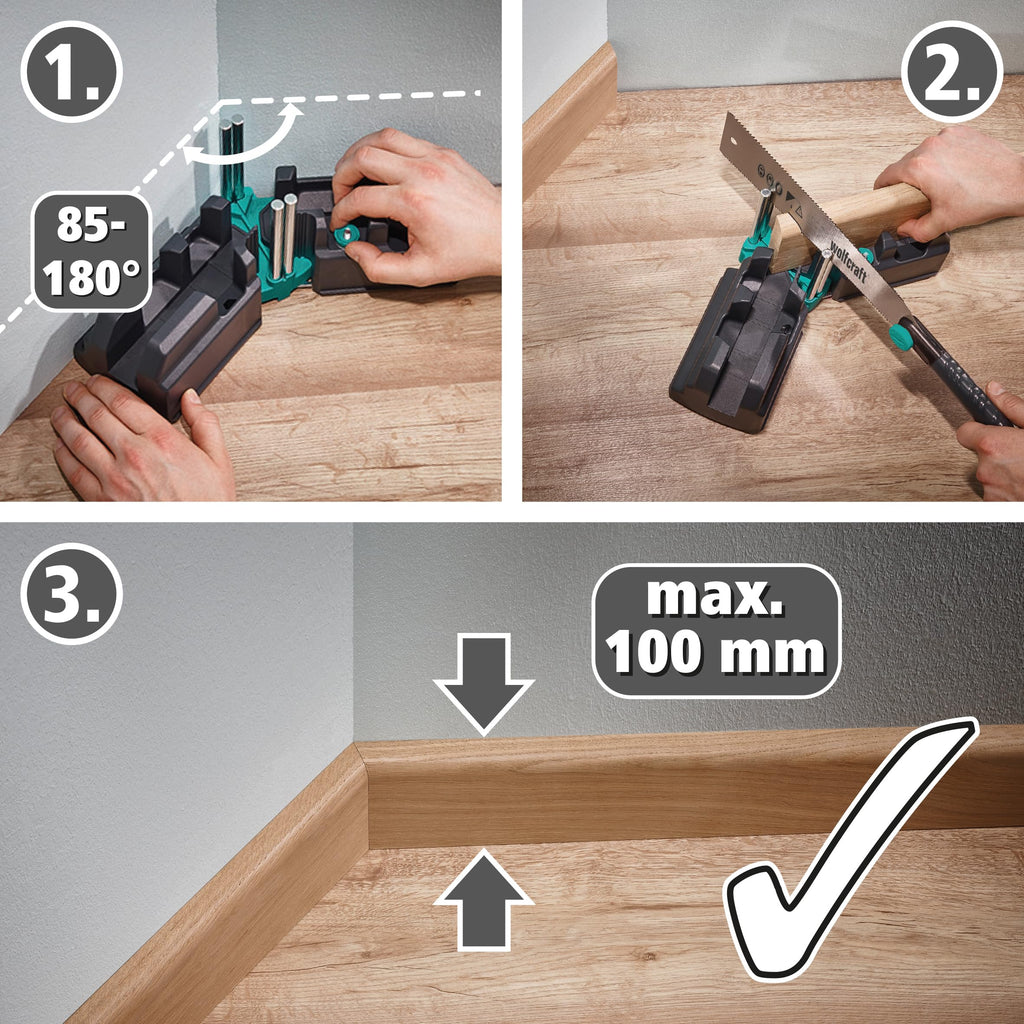wolfcraft Schmiege und Schneidlade - 2 in 1 Gehrungslade aus Stahl mit Winkelhalbierenden zum Schneiden von bis zu 100 mm hohen Fußleisten & Ausmessen von Raumwinkeln - 6948200