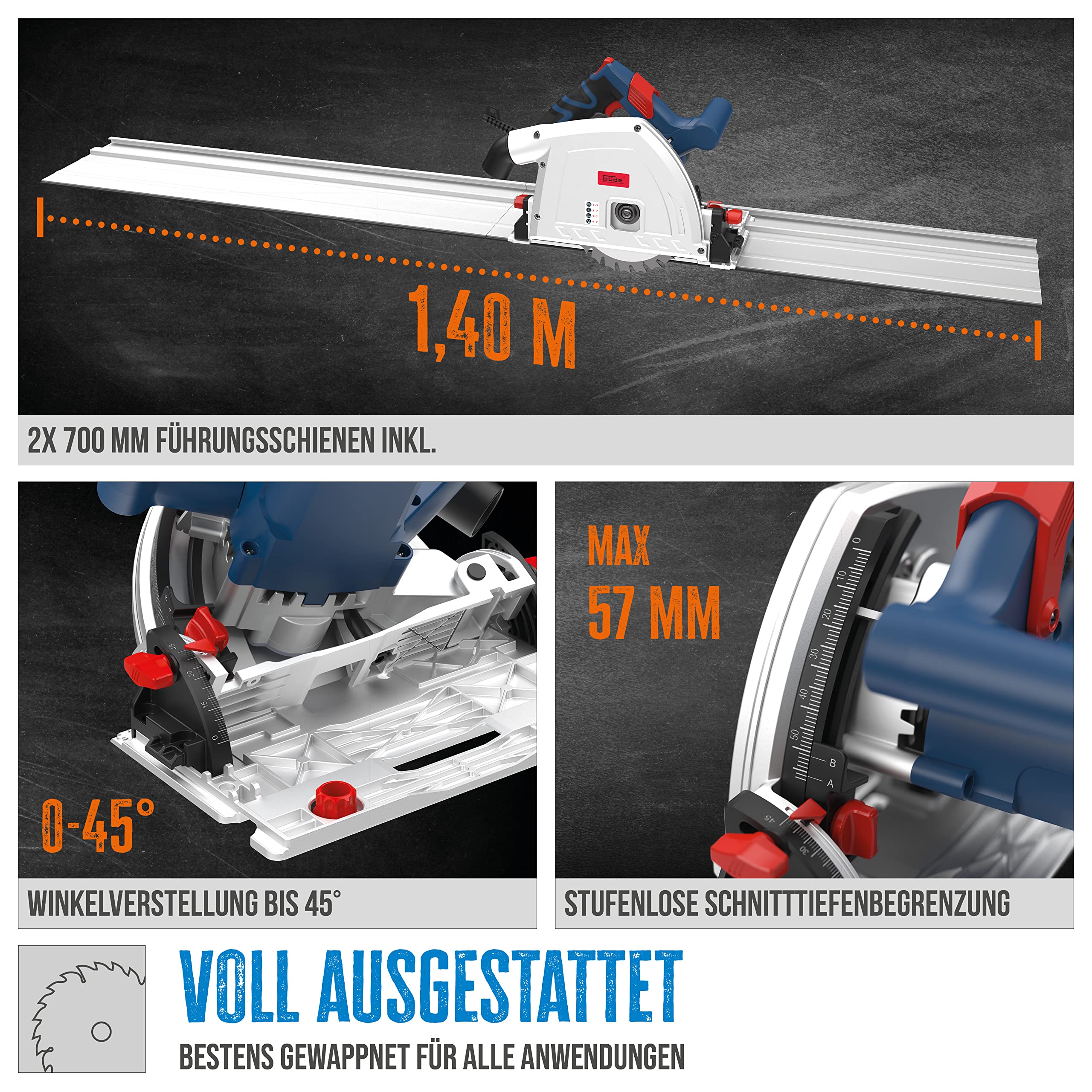 Güde 58232 Tauchkreissäge TS 57-1400 KE Set (1400 W, Sägeblatt-Ø 165 mm, Paralleler Tauchmechanismus, Winkelverstellung von 0° bis 47°)