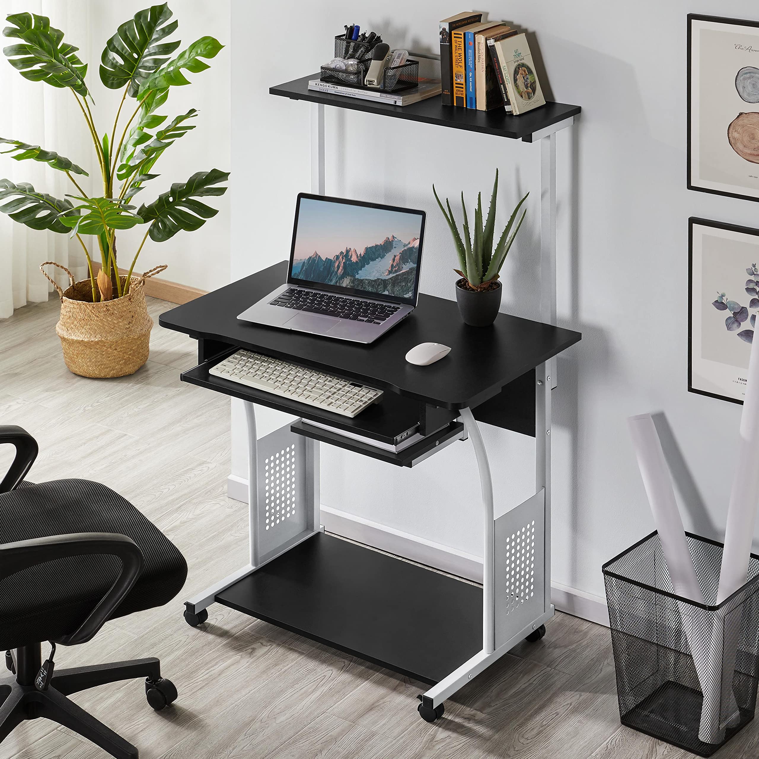Yaheetech Schreibtisch mit Druckerregal Computertisch schwarz PC Tisch mit 4 Rollen 80 x 50 x 132 cm
