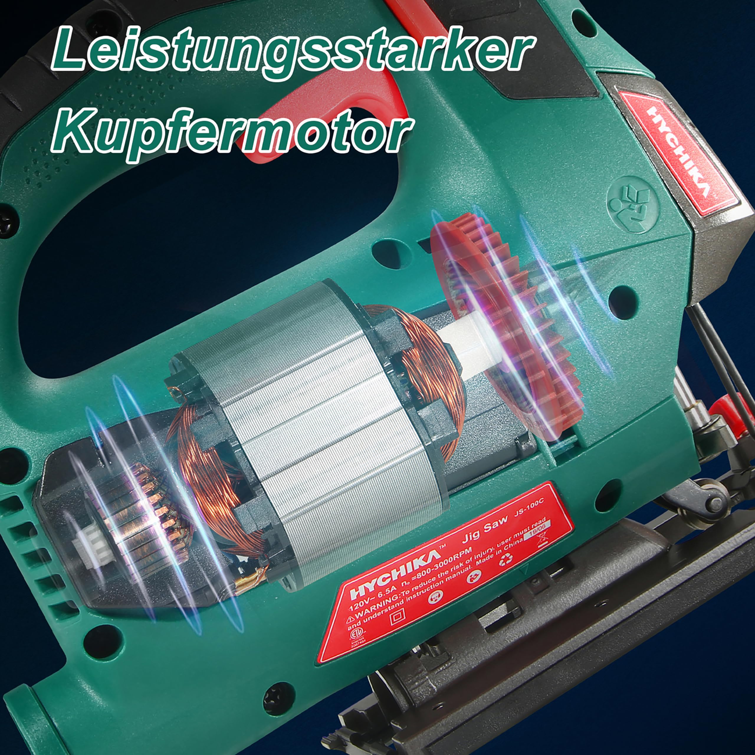 HYCHIKA Stichsäge, 800W Max Holz Schnitttiefe 110mm, 800-3000SPM Elektrische Stichsäge mit Laser, 6 Blätter, Fasenschneiden: -45 °bis 45°