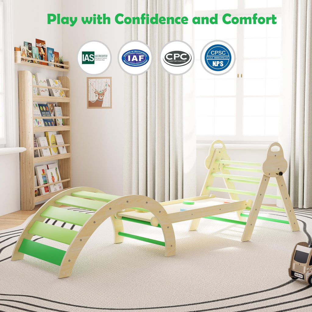 7-in-1 Montessori Kletterdreieck mit Kissen – Holz Kletterspielzeug für Kleinkinder 1-3 Jahre – Indoor Kletterbogen mit Rutsche, Leiter & Spielbogen (Green)