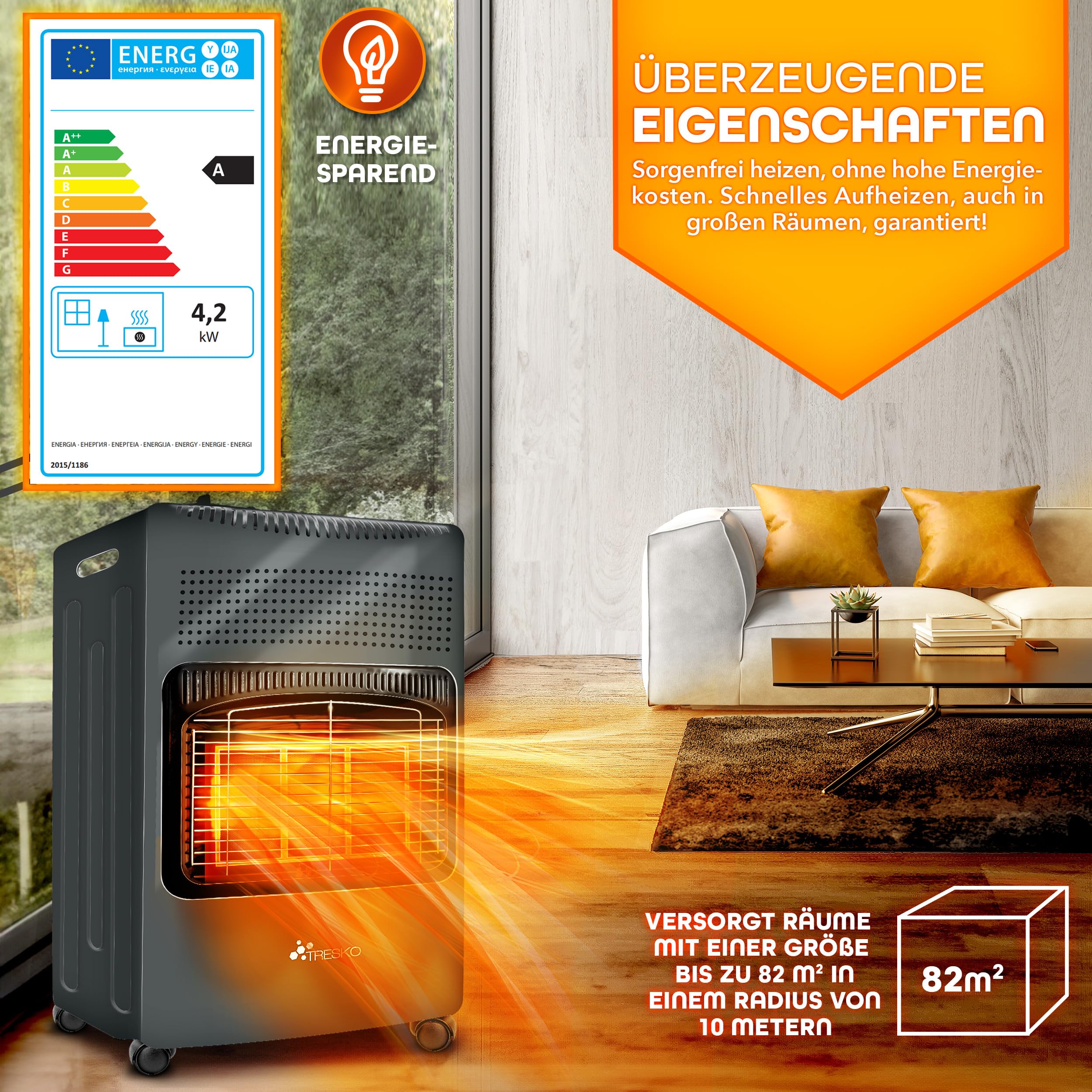 TRESKO 4200 Watt Gasheizung inkl. Gasdruckregler Gasschlauch + Abdeckung | Gasheizer Gasofen Gasheizofen mit 3 Stufen | Infrarot Gasheizgerät (Anthrazit)