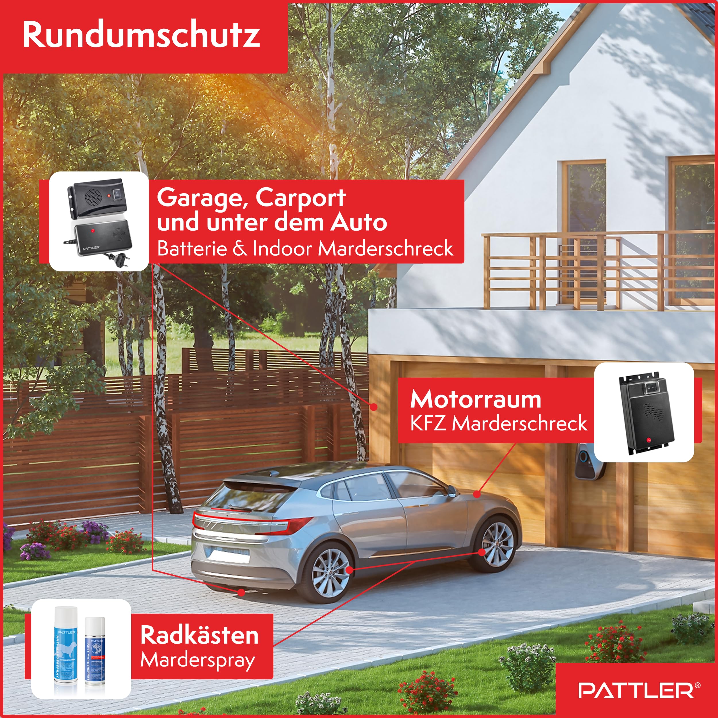 PATTLER® Marderschreck Auto - Marderabwehr mit Ultraschall. Anschluss an 12V Autobatterie. Sofortiger & Langfristiger Marderschutz im Motorraum
