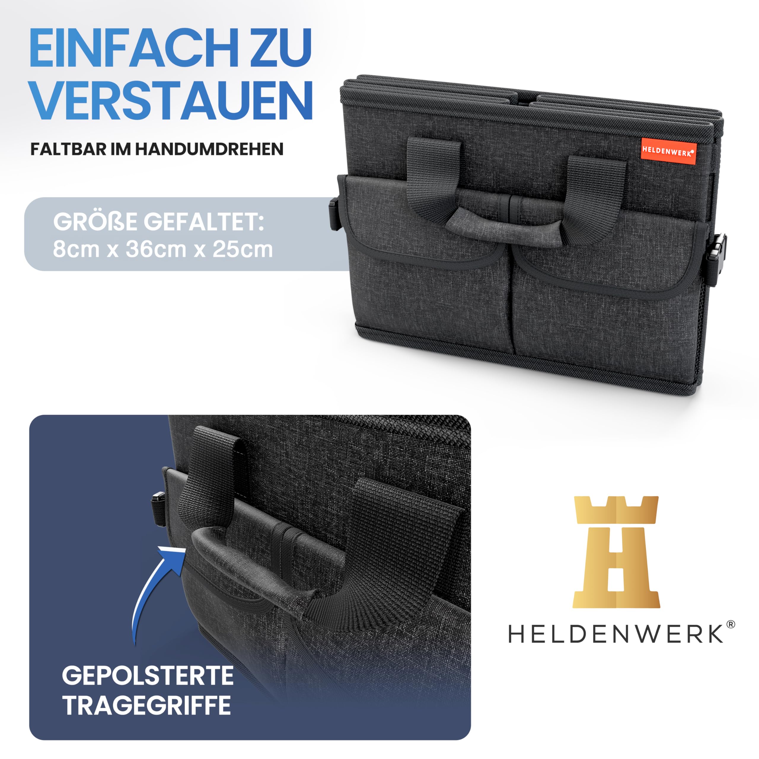 HELDENWERK Premium Kofferraum-Organizer mit Deckel stabil & rutschfest - Faltbare Auto Kofferraumtasche groß mit doppelten Böden - Kofferraumbox, Kofferraumorganizer Box