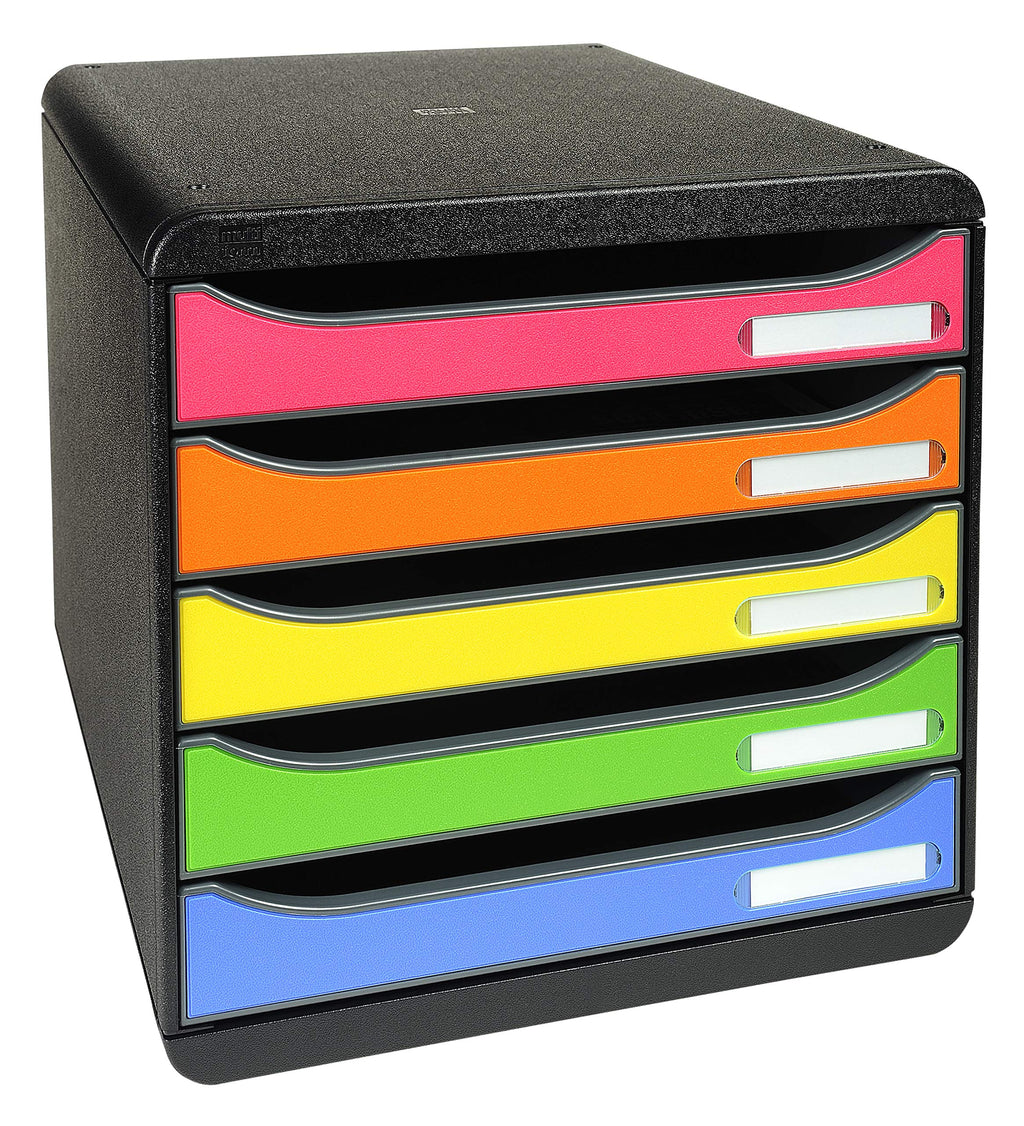Exacompta 309798D Premium Ablagebox mit 5 Schubladen für DIN A4+ Dokumente. Stapelbare Schubladenbox mit hoher Kapazität für mehr Platz auf dem Schreibtisch Big Box Iderama Schwarz|Bunt