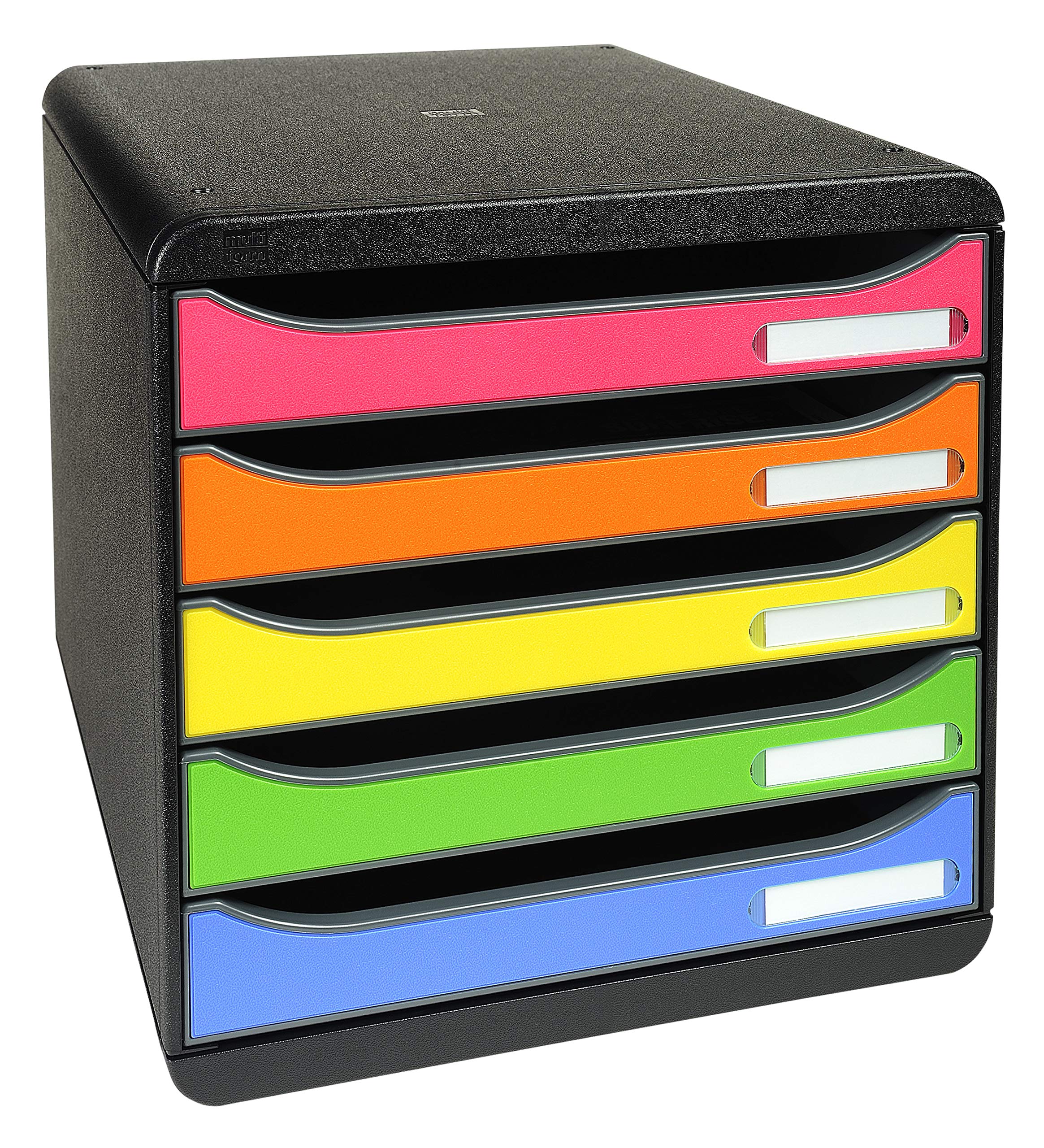 Exacompta 309798D Premium Ablagebox mit 5 Schubladen für DIN A4+ Dokumente. Stapelbare Schubladenbox mit hoher Kapazität für mehr Platz auf dem Schreibtisch Big Box Iderama Schwarz|Bunt