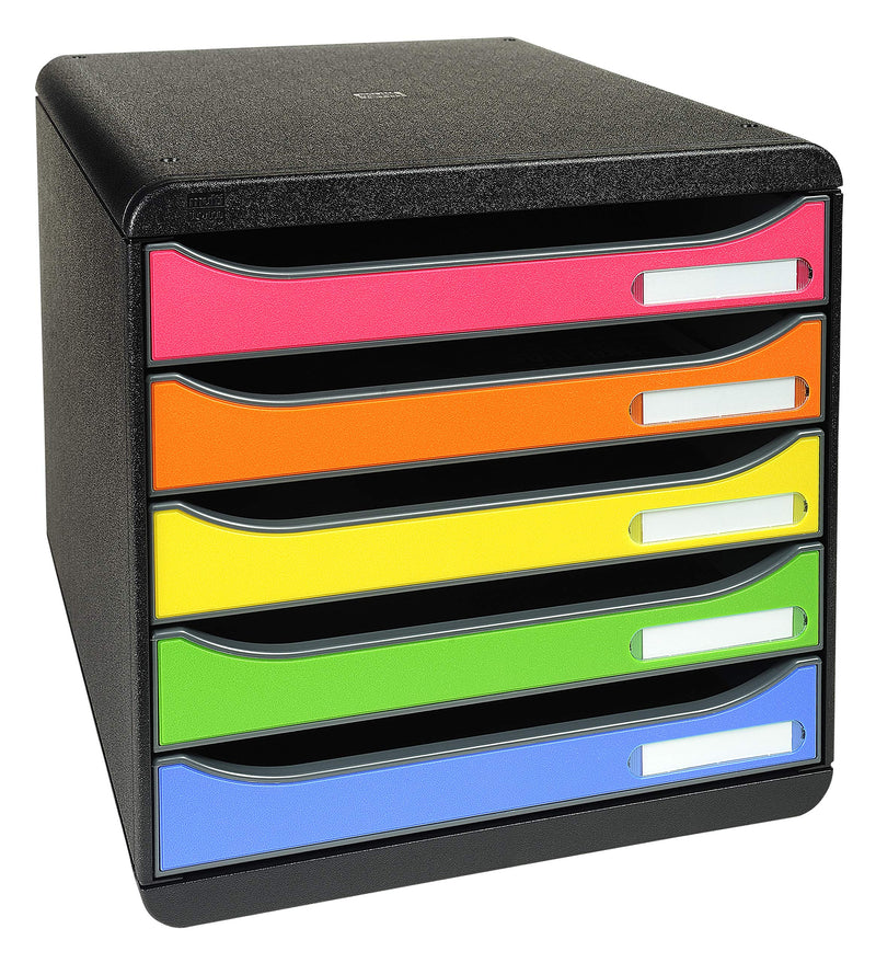 Exacompta 309798D Premium Ablagebox mit 5 Schubladen für DIN A4+ Dokumente. Stapelbare Schubladenbox mit hoher Kapazität für mehr Platz auf dem Schreibtisch Big Box Iderama Schwarz|Bunt