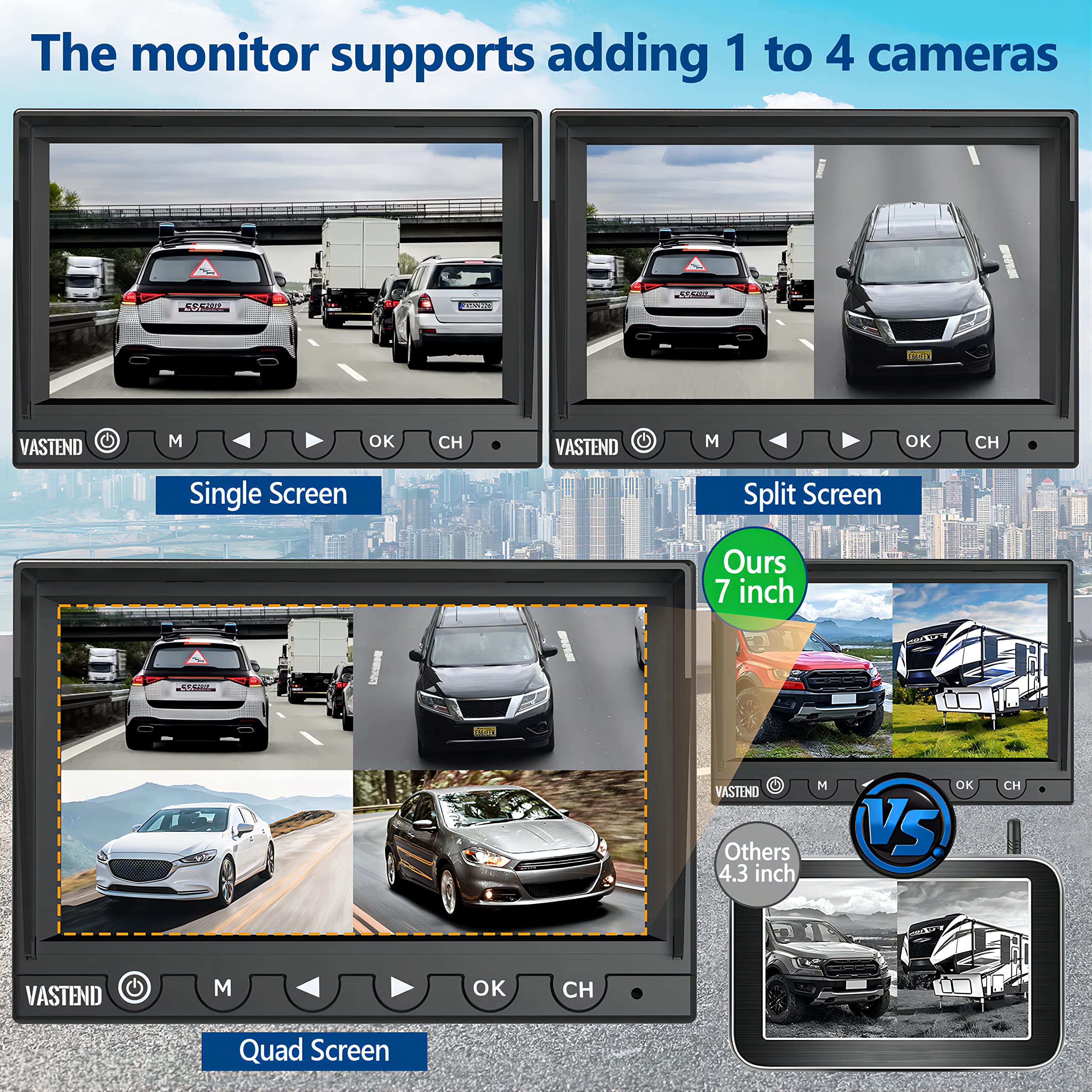 VASTEND Kabellos Rückfahrkamera Set HD 1080P 7'' Monitor & IP69 wasserdichte Backup Kamera Stabile Digitale Signale, 150° Weitwinkel-Rückfahrkamera Nachtsicht Set für Van, PKW, LKW, Wohnwagen(V01)