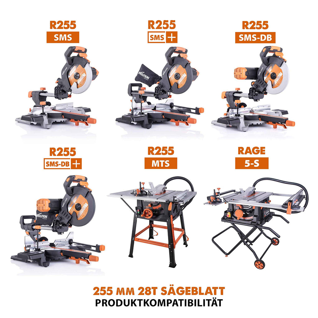 Evolution Power Tools R255TCT zaagblad met 28 tanden en met een uiteinde van carbide voor meerdere materialen - zaagt hout, metaal, kunststof en meer, 255 mm