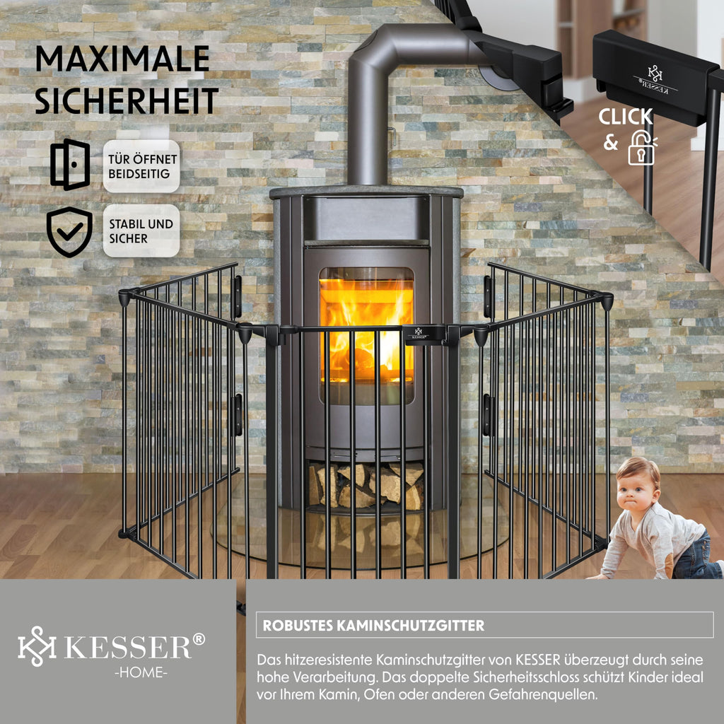 KESSER® Kaminschutzgitter mit Tür 305 cm Metall Ofenschutzgitter Laufgitter Laufstall Absperrgitter Tierschutzgitter Türschutzgitter für Kinder-Sicherung, 5-teilig Elemente (je 60 x 75 cm) Schwarz