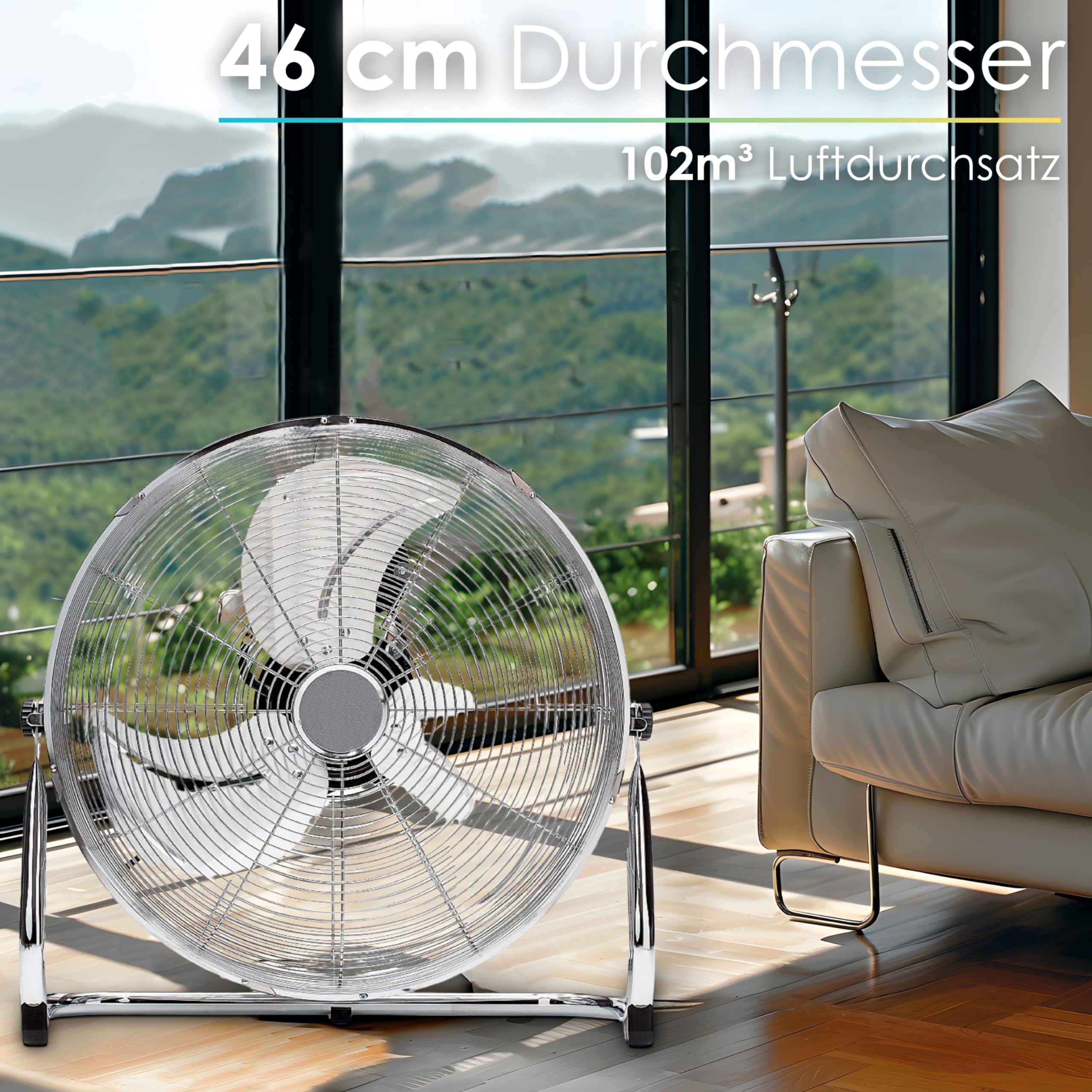 Echos Bodenventilator | Ø46 cm | 102 m³/min Luftdurchsatz | 1.250 U./min | 3 Geschwindigkeitsstufen | Power Windmaschine | Luftkühler | Standlüfter | Raumkühler | Ventilator (Vollmetall)