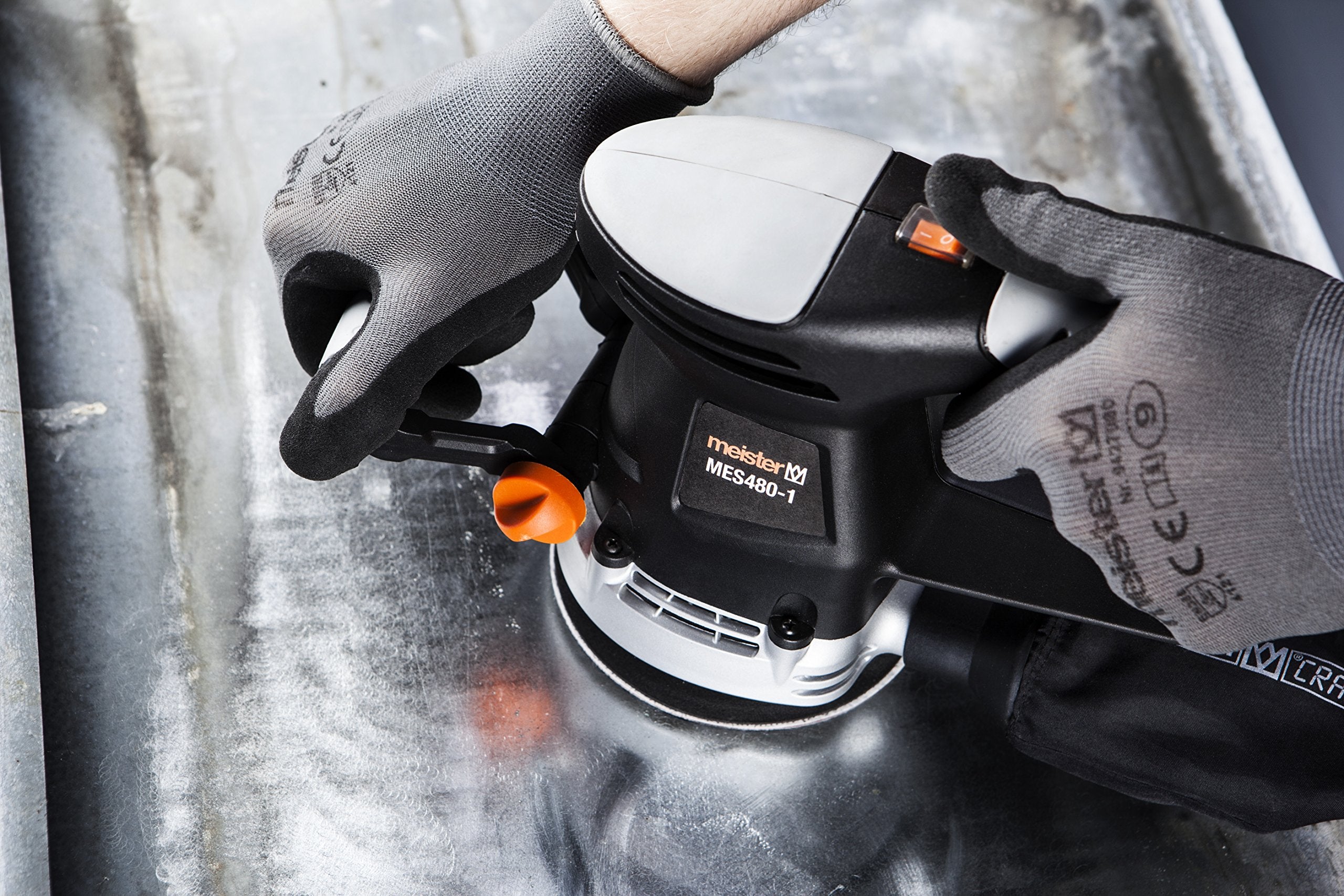 Meister Exzenterschleifer 480 W, MES480-1 - Schleifteller 125 mm - Drehzahlregelung & Drehzahl-Vorwahl - Klettbefestigung - Staubabsaugung / Drehschleifer mit Zusatzhandgriff / 5457200