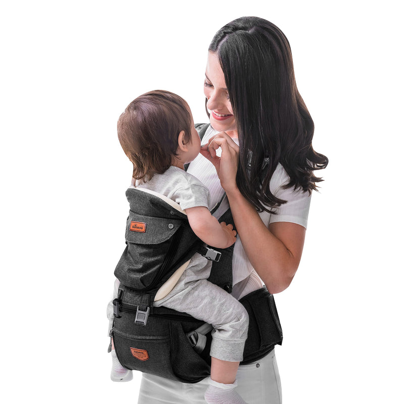 SUNVENO Babytrage Ergonomisch，Baby Carrier mit Abnehmbarer Kapuze, Hüftsitz baby mit Speicheltuch, 3in1 Babybauchtragen für Baby 3-36 Monate, Babyrückentragen 0-20Kg (Schwarz)