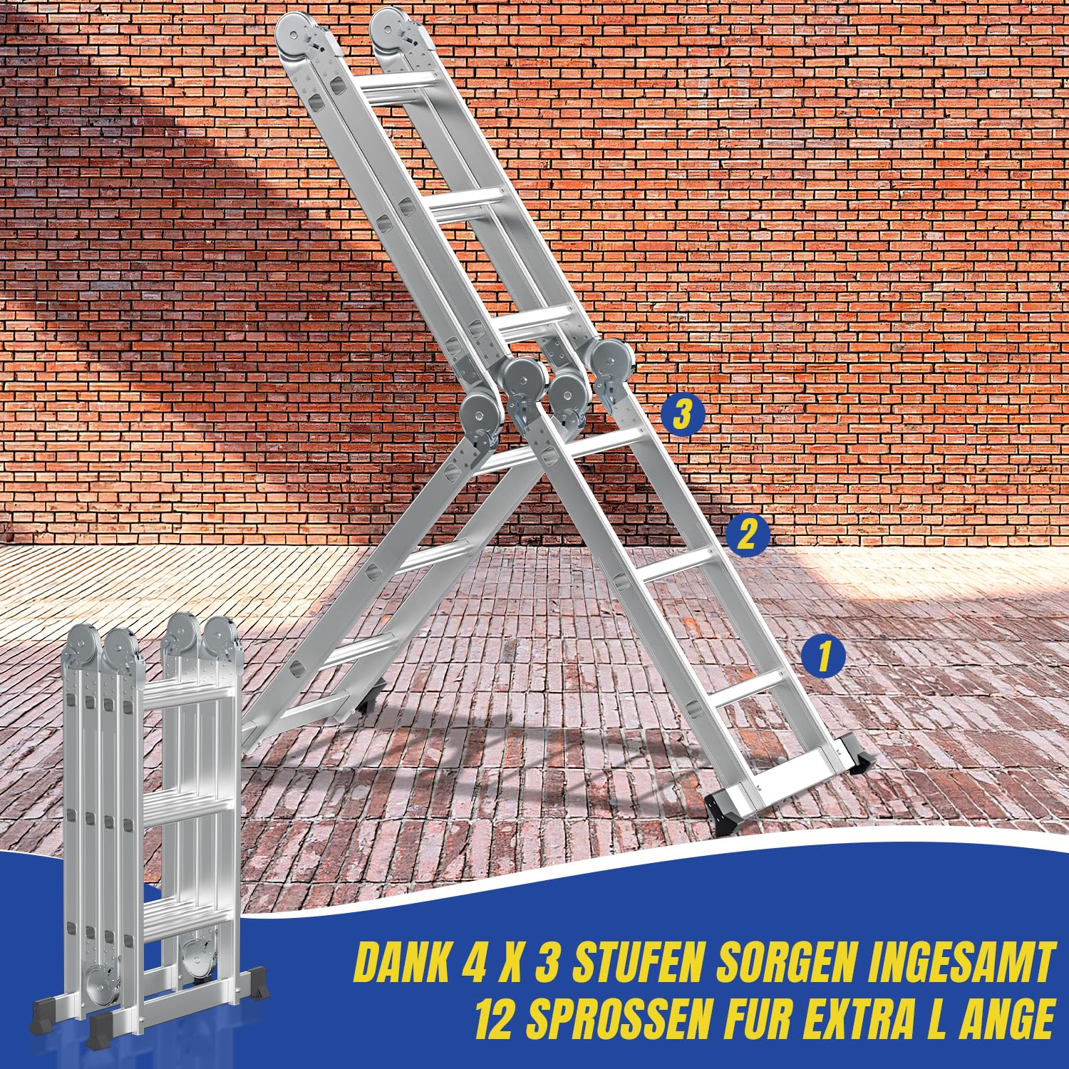 Lospitch 4x3 Mehrzweckleiter, 360cm 7 in 1 Multifunktionsleiter mit 2 plattform, Aluminium Vielzweckleiter mit 2 Transport Rollen bis 150 kg, Arbeitsleiter 12 Stufen, Silber