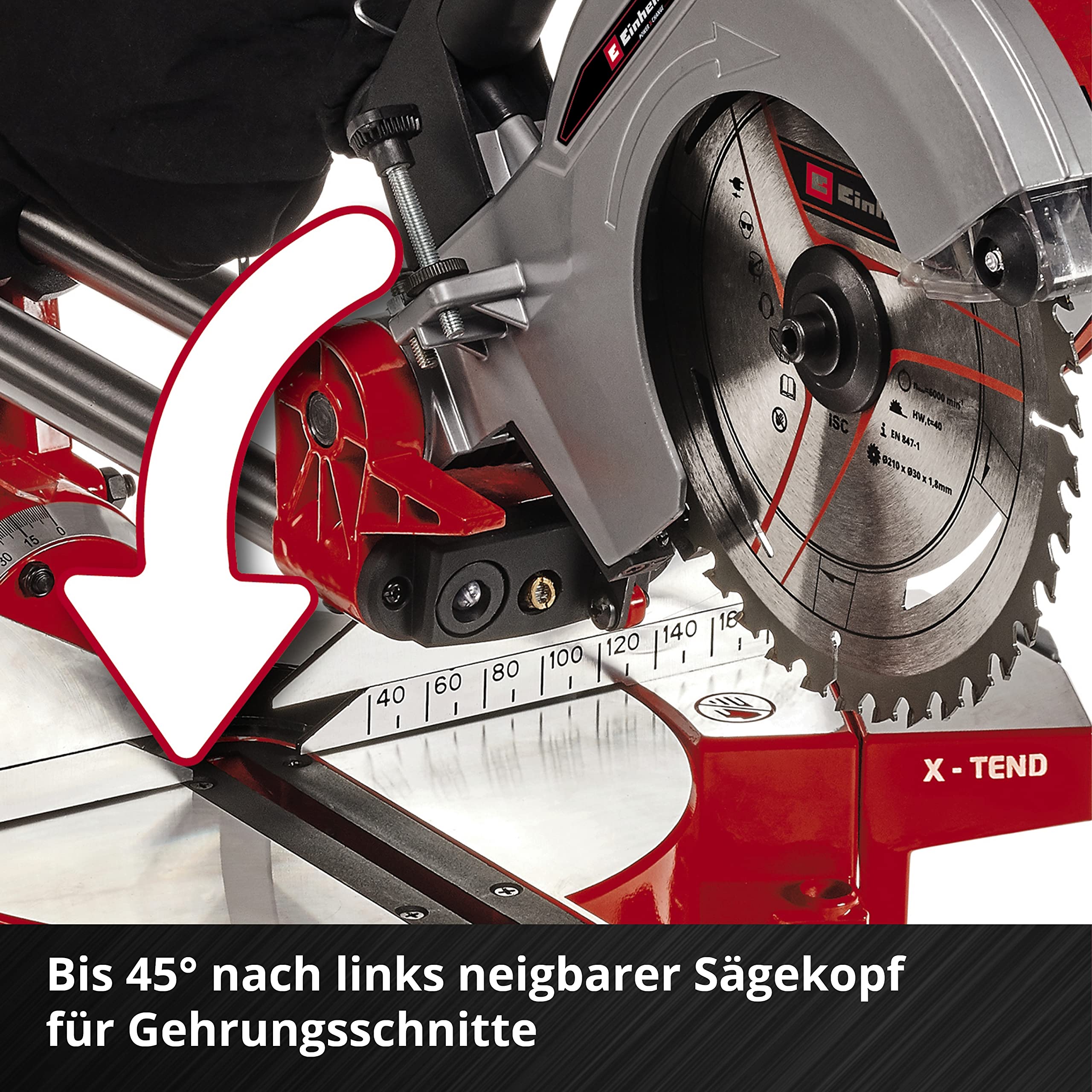 Einhell Akku-Zug-Kapp-Gehrungssäge TE-SM 36/210 Li-Solo Power X-Change (36 V, max. 65 mm x 310 mm Schnitttiefe/-breite, Ø 210 mm Sägeblatt, neigbarer Sägekopf, Laser, ohne Akku)