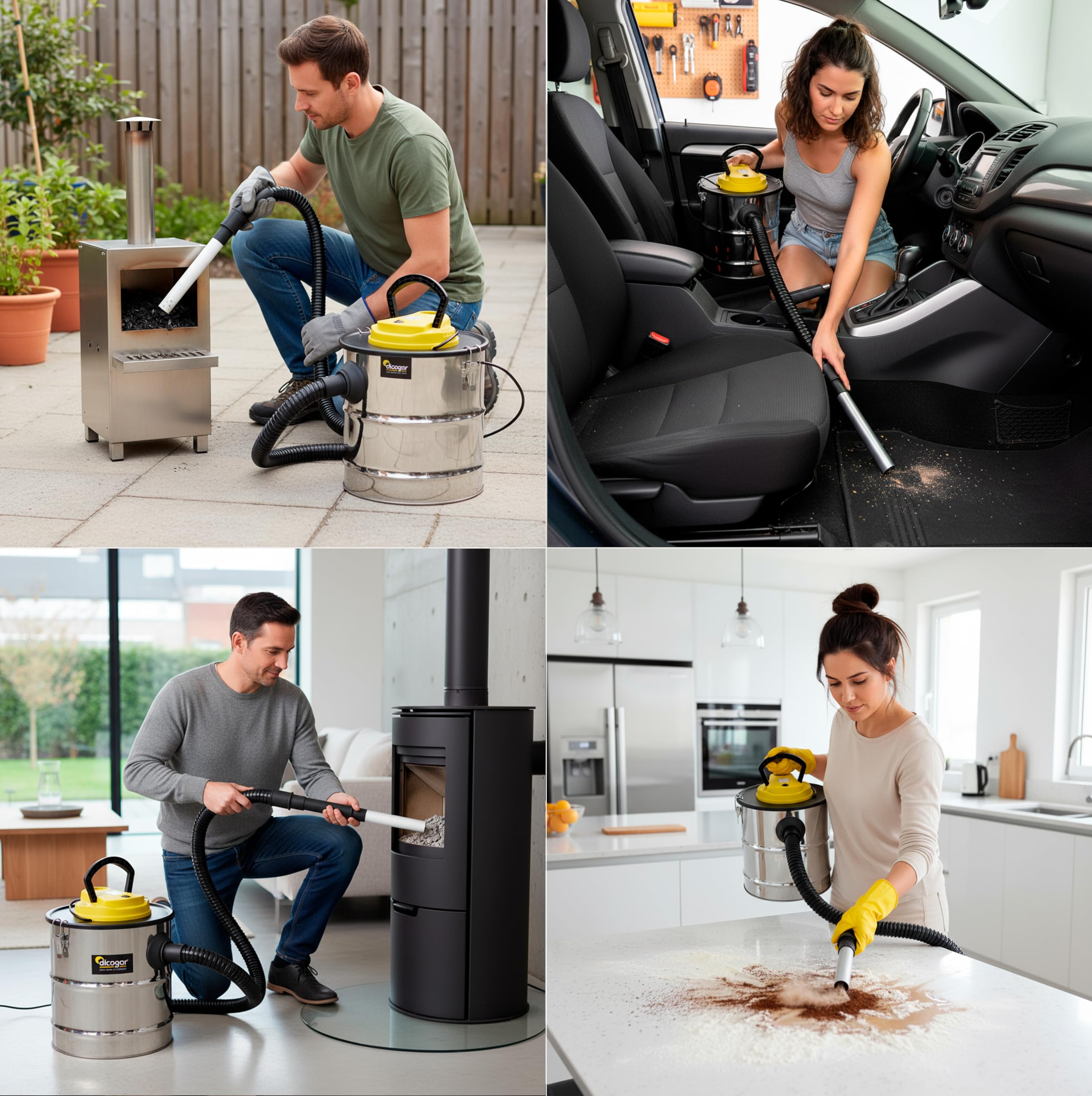 Aschesauger für Kamine, Pellets und Grills - 1.200W Leistung - 20 L Fassungsvermögen - Aus Edelstahl - Inklusive 1m Schlauch und Filterabdeckung - Gebläsefunktion - Dicogar