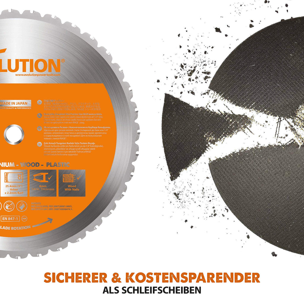 Evolution R355CPS Kappsäge Kapp-Zug-Gehrungssäge 2200 W | inkl. Ø 355 mm HM-Sägeblatt Multi-Material-Schneiden Holz, Aluminium, Stahl, Kunststoff | Schnittleistung von 120 x 120 mm | 0-45˚ Gehrung
