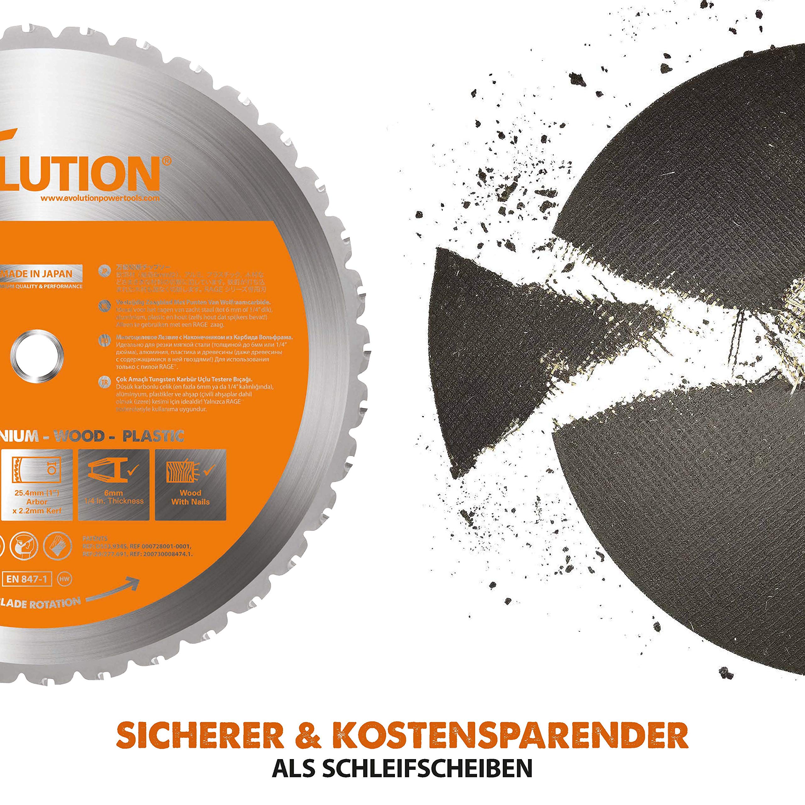 Evolution R355CPS Kappsäge Kapp-Zug-Gehrungssäge 2200 W | inkl. Ø 355 mm HM-Sägeblatt Multi-Material-Schneiden Holz, Aluminium, Stahl, Kunststoff | Schnittleistung von 120 x 120 mm | 0-45˚ Gehrung