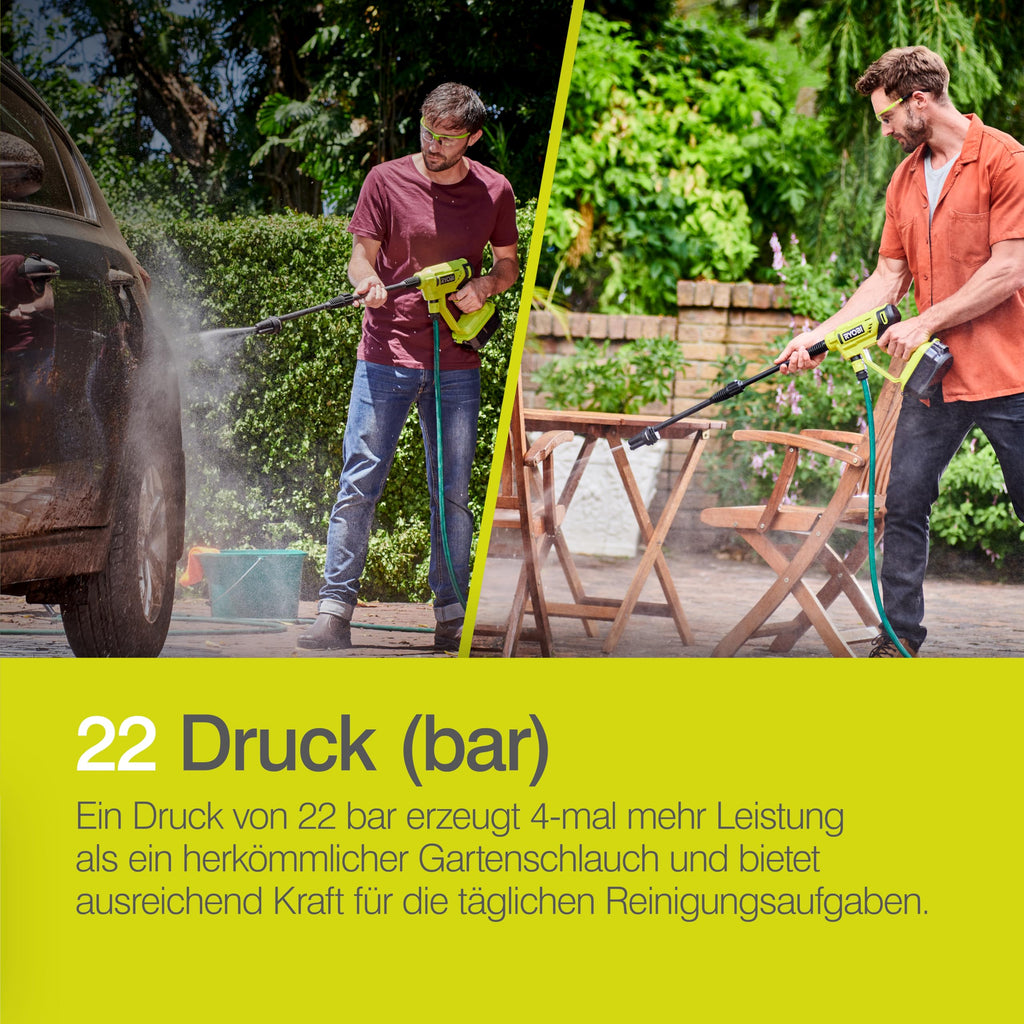 RYOBI 18 V ONE+ Akku-Mitteldruckreiniger RY18PW22A-0, 3in1 Düse, Turbodüse, 15°-Fächerstrahl für die allgemeine Reinigung, ohne Akku & Ladegerät