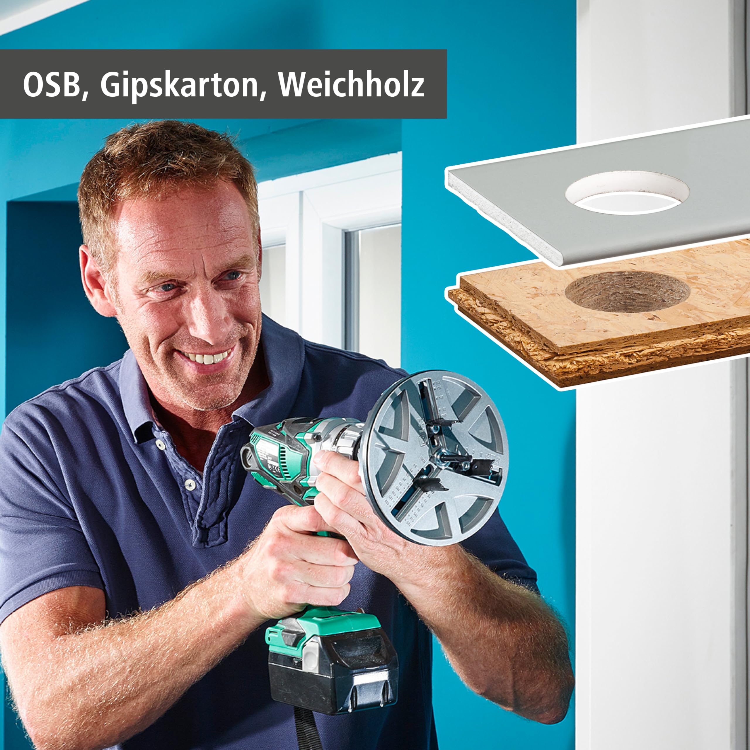 wolfcraft Lochsäge 5978000 – Verstellbarer Universal-Kreisschneider für den Akkuschrauber & die Bohrmaschine – Für Gipskartonplatten & Holz – Stufenlos einstellbar von ø 45-130mm