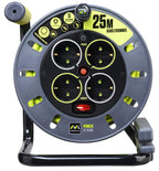 Masterplug Pro-XT Kabeltrommel Verlängerungskabel mit 4 Steckdosen, Wickelkurbel, Thermoschutz und Netzschalter, 25 Meter gut sichtbares Kabel