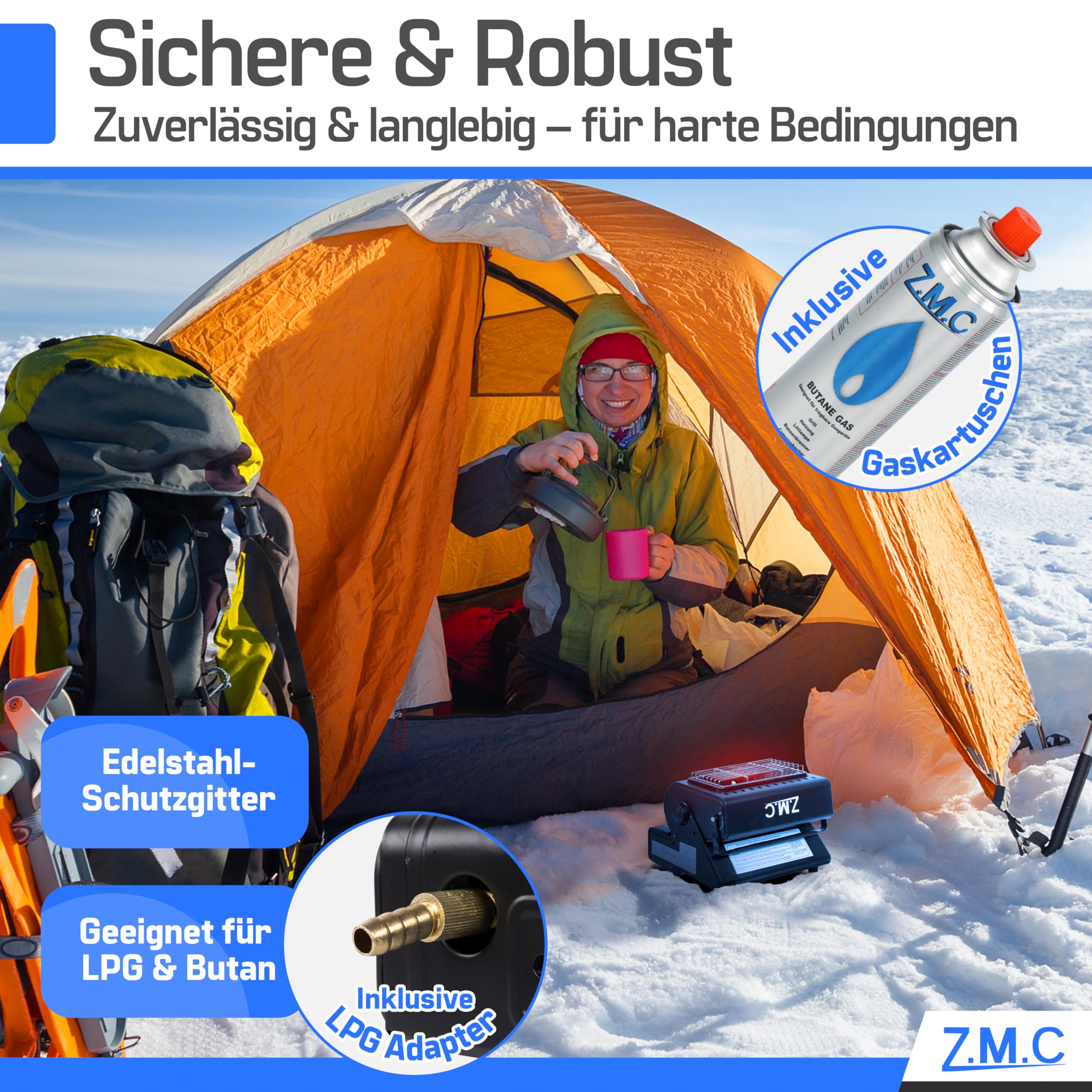 Z.M.C 2-in-1 Tragbare Gasheizung und Gaskocher mit LPG Anschluss, Camping Heizung 1,3 kW, Gasheizer für Outdoor, Camping, mobile Heizstrahler mit Piezozündung, Wärme & Kochen für unterwegs