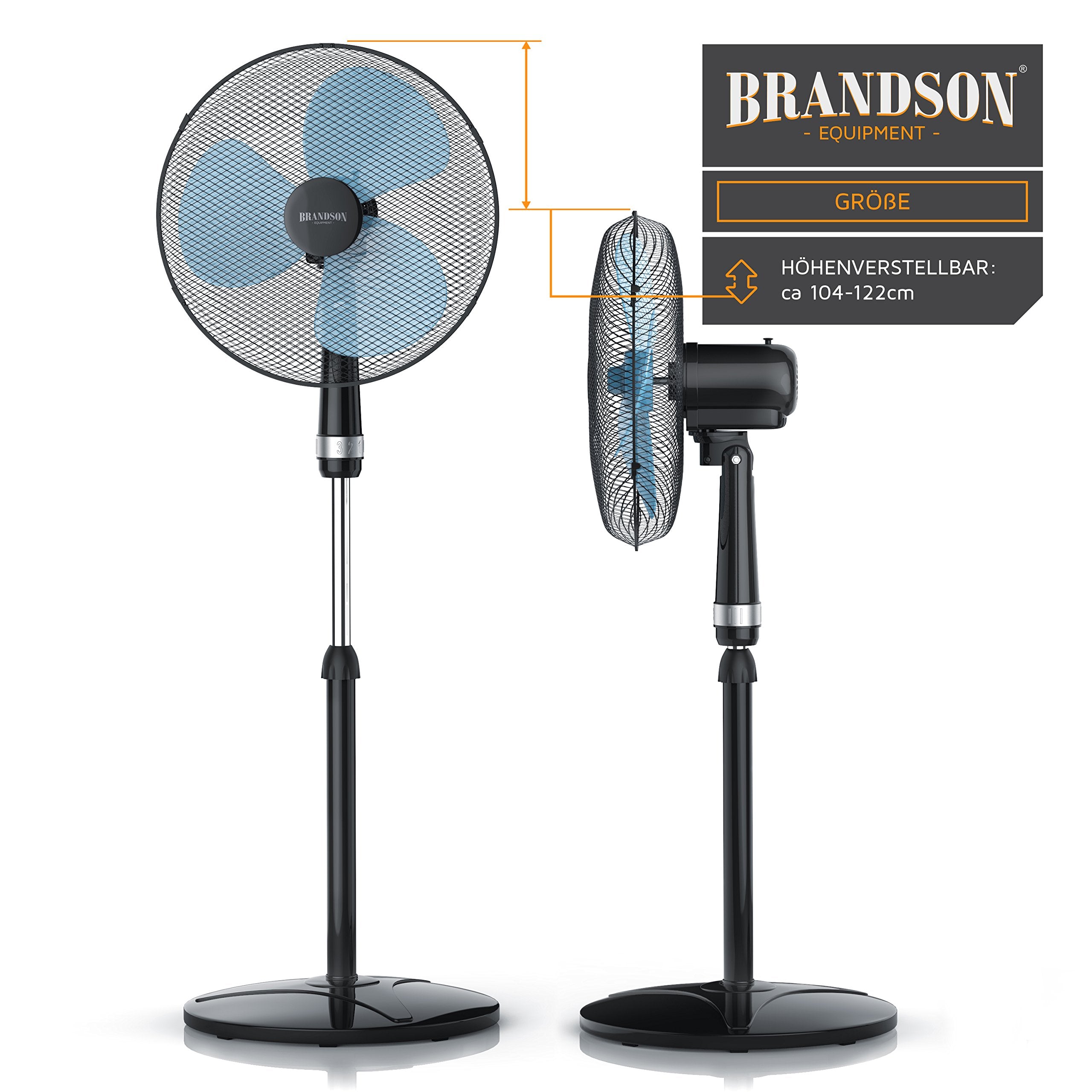 Brandson - Standventilator 40cm - Preisträger 2025 - Ventilator höhenverstellbar bis 122 cm - mobiler Lüfter, hoher Luftdurchsatz, 3 Geschwindigkeitsstufen, Oszillationsfunktion 80°