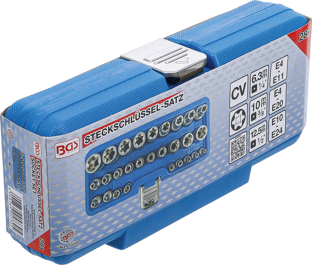 BGS 70099 | Steckschlüssel-Einsatz-Satz, E-Profil | Antrieb Innenvierkant 6,3 mm (1/4")/12,5 mm (1/2") | SW E4-E24 | 28-tlg.