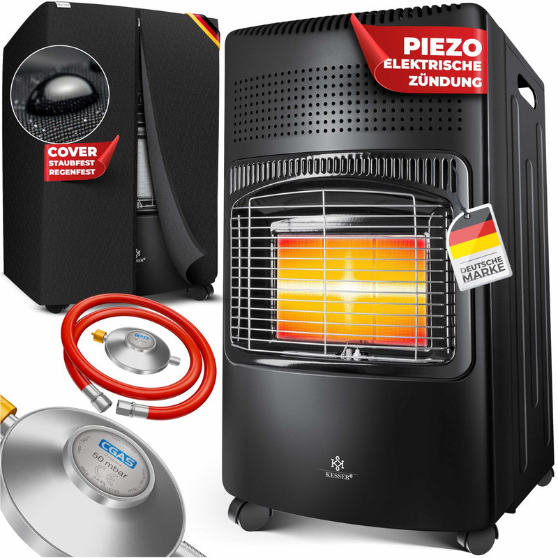 KESSER® 4200 Watt Keramik Piezo Gasheizer inkl. Gasdruckregler Gasschlauch + Schutzhülle, Gasheizofen Heizstrahler Gasheizgerät Infrarot Keramikbrenner, Butan- oder Propangasflaschen bis 15kg, Schwarz