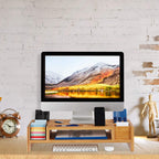 Relaxdays Monitorständer, Bildschirmständer aus Bambus, 14 Fächer, ergonomischer Monitorerhöher, HBT 15x65x28 cm, natur, Braun