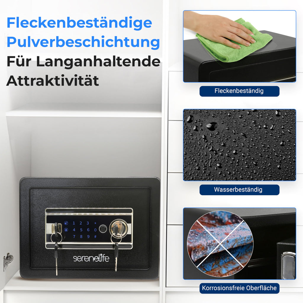 SereneLife 18L Tresor, Safe Für Zuhause Feuerfest & Wasserdicht, Digitaler Heimtresor mit Zugriff per Fingerabdruck, Möbeltresor mit Code & Schlüsseln, Safe Box für Wertsachen, Bargeld, Schmuck, Gold