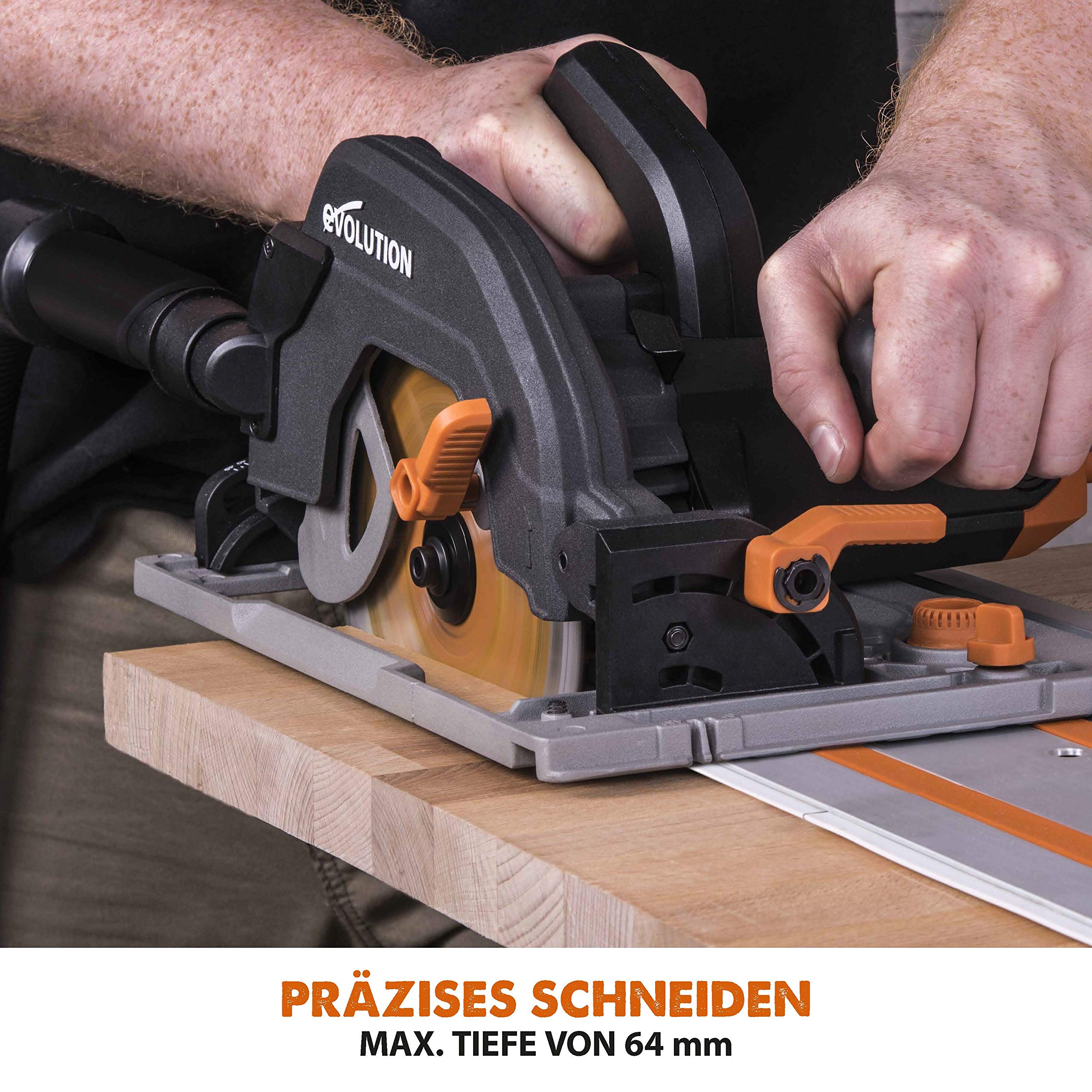 Evolution Handkreissäge R185CCSX Kreissäge Tauchsäge 1600W Inkl. Ø 185 mm HM-Sägeblatt Multi-Material-Schneiden Holz, Aluminium, Stahl, Kunststoff | Mit 3-teiliger 1020mm Mini-Schiene Führungsschiene