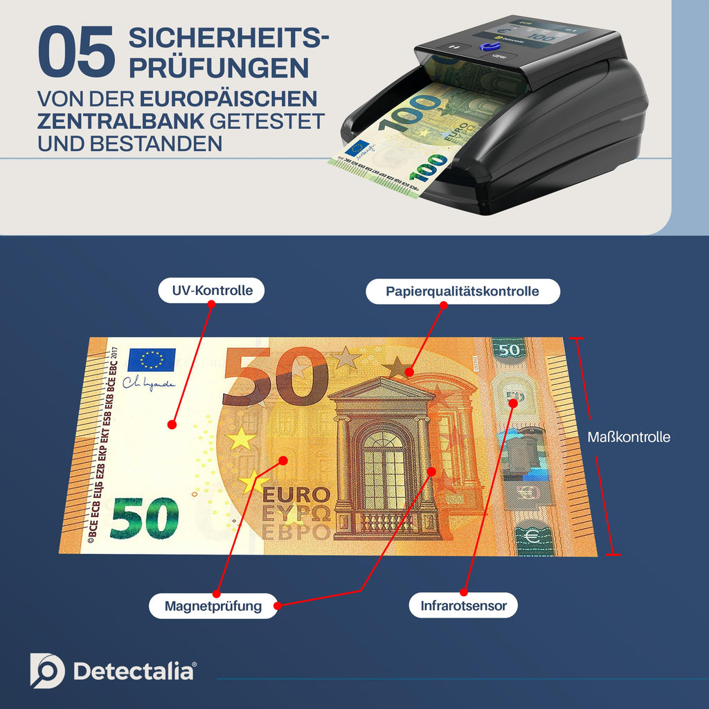 Detectalia D7T+, Falschgeldprüfer, getestet für EUR, GBP, USD, mit 5 Fälschungsprüfungen, mit Alarm, TFT-Display, EZB-Zertifiziert