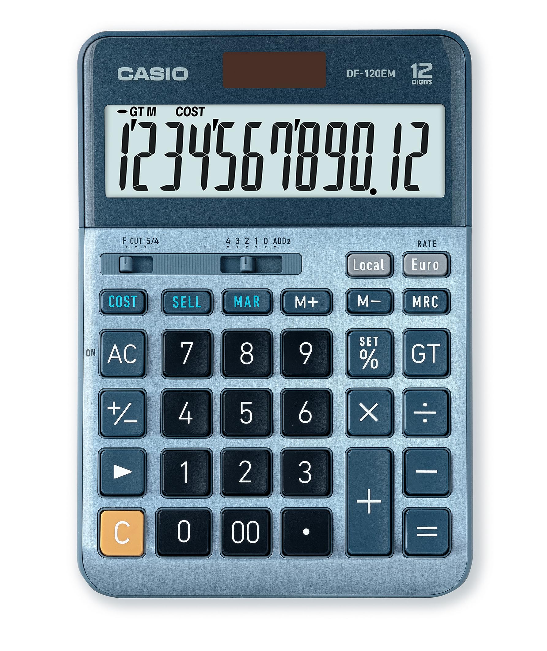 Casio Tischrechner DF-120EM, 12-stellig, Cost/Sell/Margin, Gesamtsummen-Speicher, Solar-/Batteriebetrieb, silber,