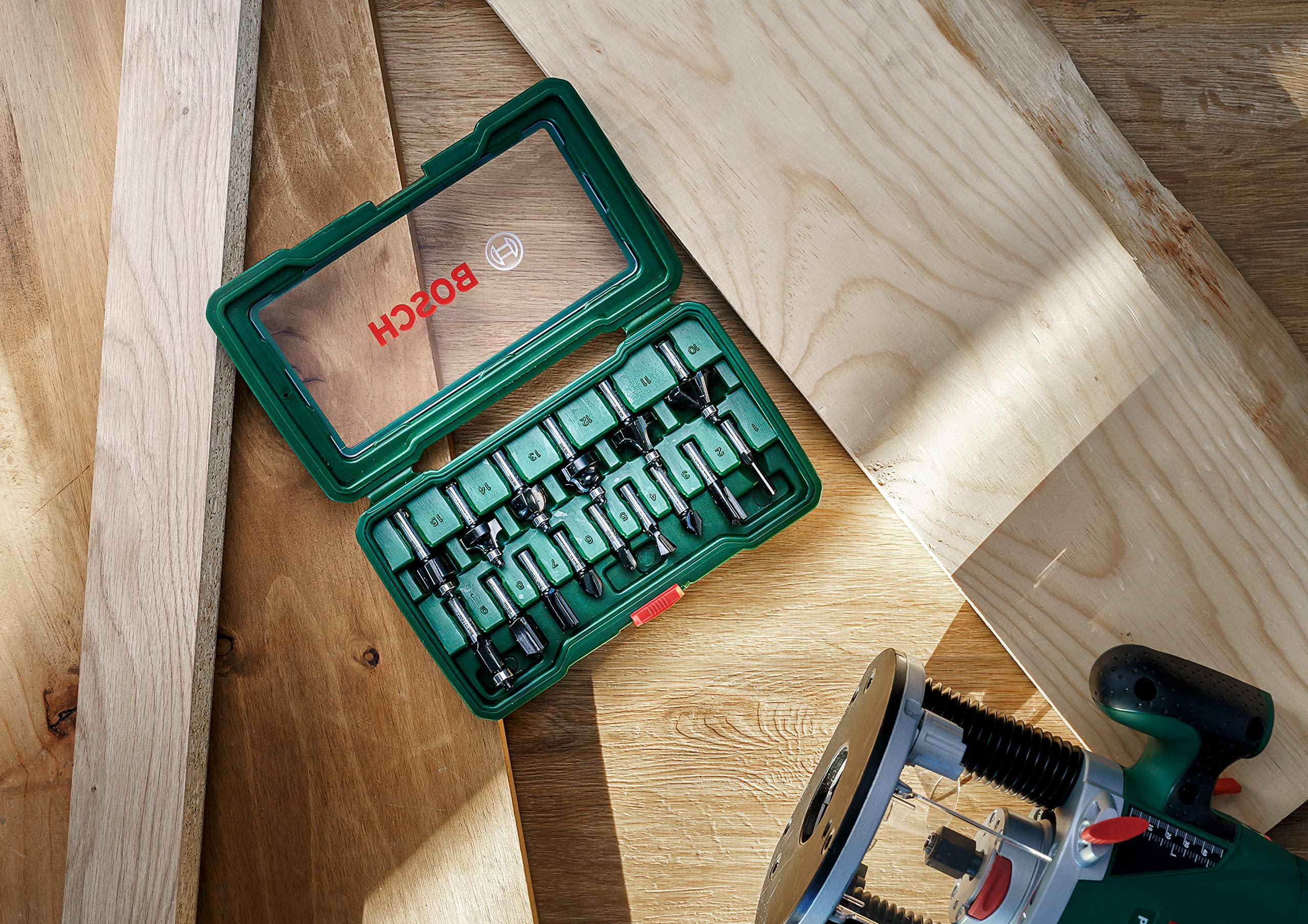 Bosch Accessories 15tlg. Hartmetall Fräser Set (für Holz, Ø-Schaft 8 mm, Zubehör Oberfräse)