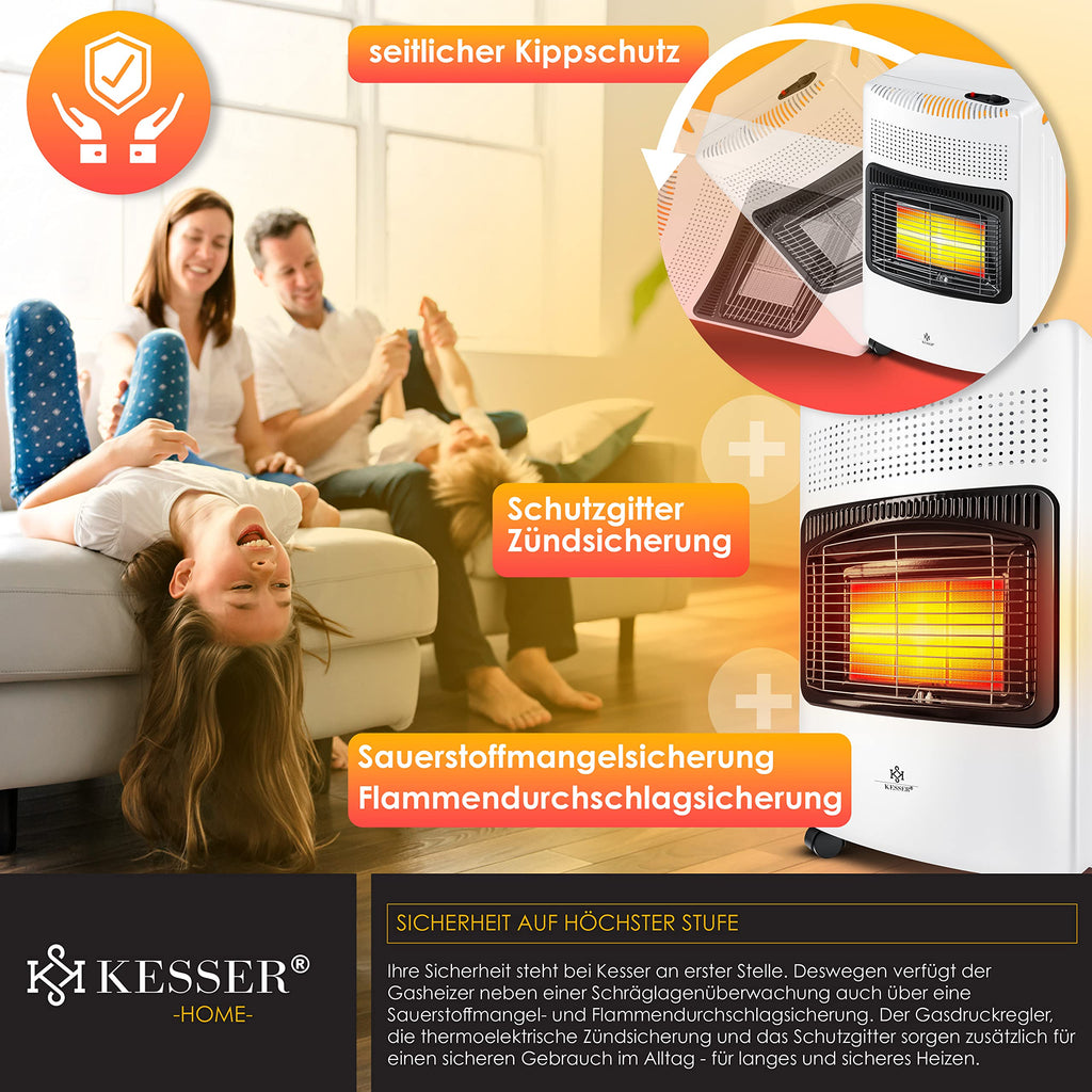 KESSER® 4200 Watt Keramik Piezo Gasheizer inkl. Gasdruckregler Gasschlauch + Schutzhülle, Gasheizofen Heizstrahler Gasheizgerät Infrarot Keramikbrenner, Butan- oder Propangasflaschen bis 15kg, Weiss