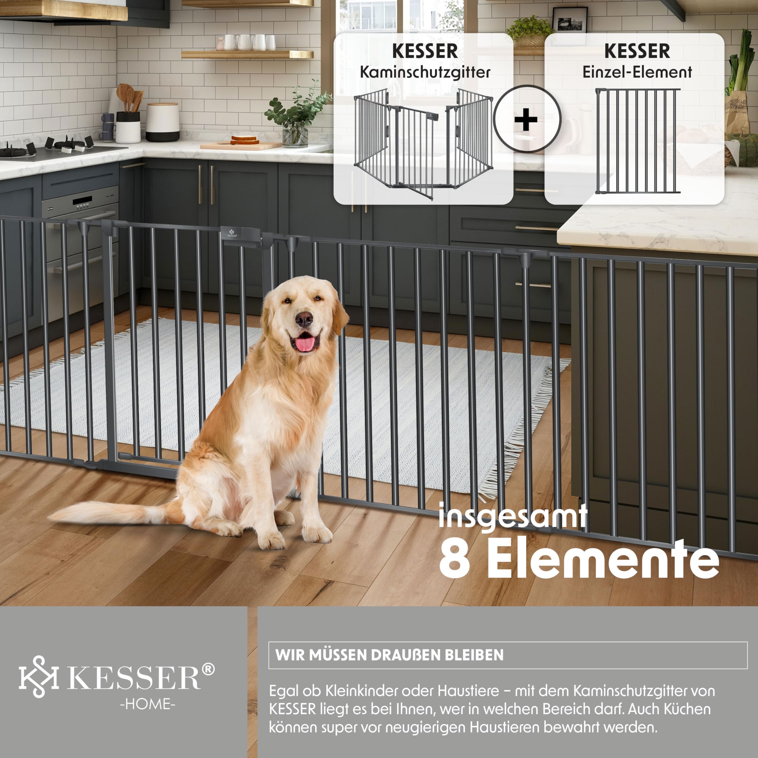 KESSER® Kaminschutzgitter mit Tür 480 cm Metall Ofenschutzgitter Laufgitter Laufstall Absperrgitter Tierschutzgitter Türschutzgitter für Kinder-Sicherung, 8-teilig Elemente (je 60 x 75 cm) Anthrazit