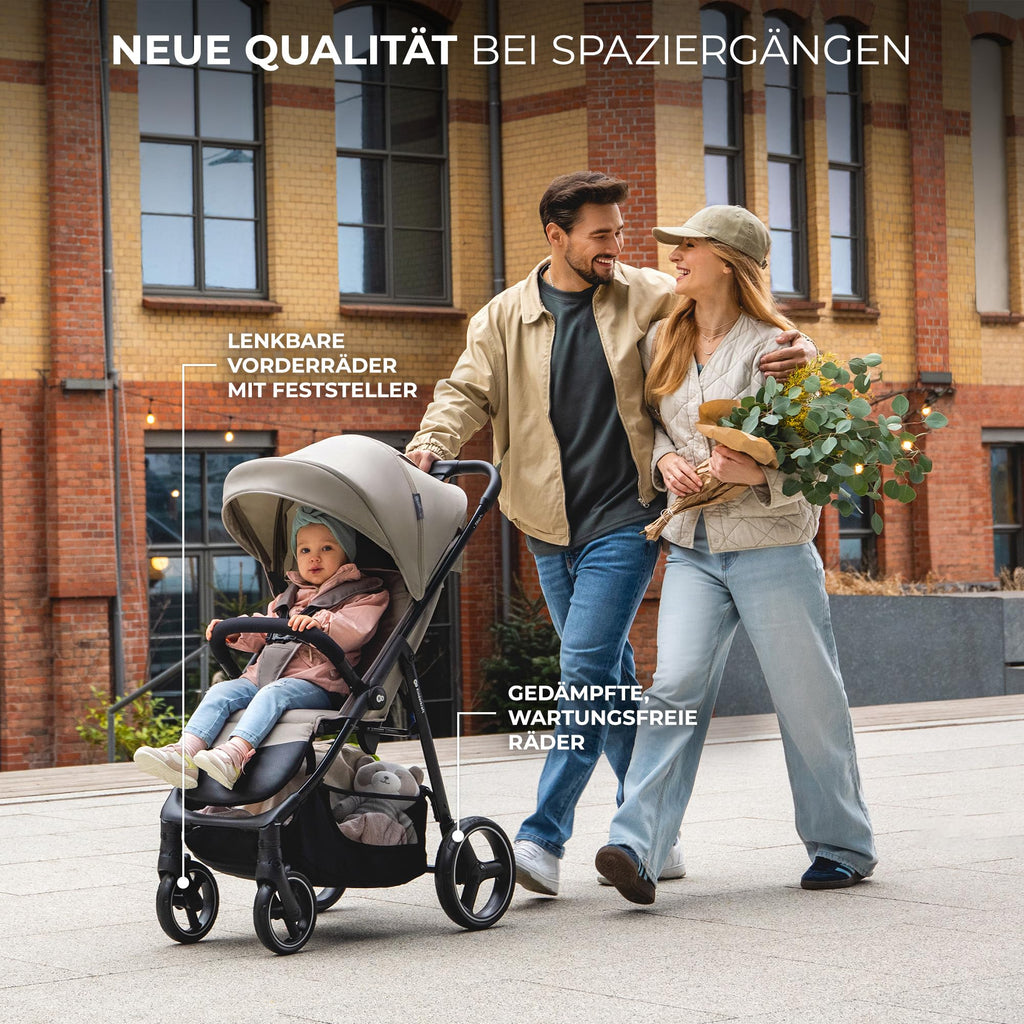 Kinderkraft TRIG 3 Kinderwagen, Kinderbuggy, Liegewagen, Sportwagen, Buggy, Zusammenklappen, Breite und tiefe Sitz, mit Liegeposition, 4 Rad Dämpfung, Große Dach, 5-Punkt-Gurt, bis zu 25 kg, Grau