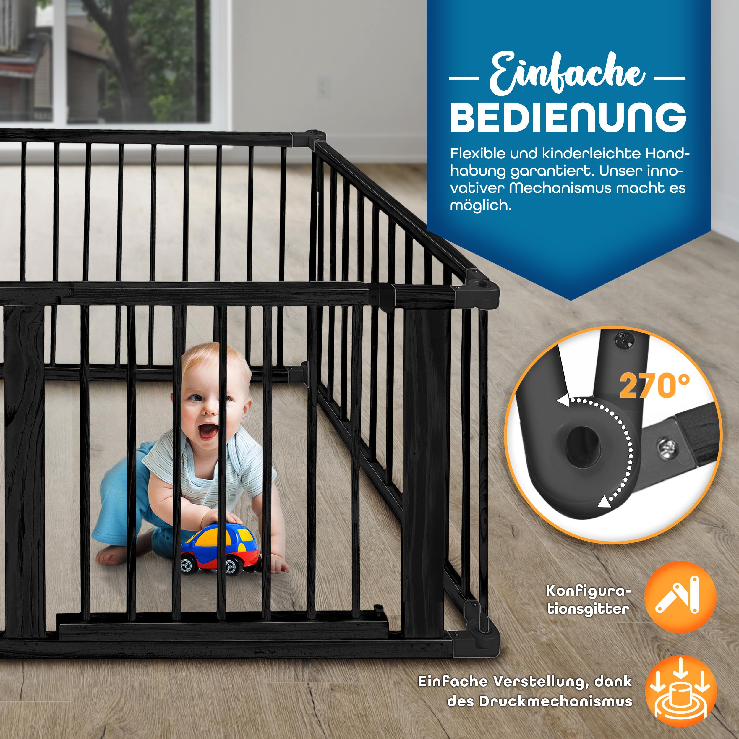 KIDUKU® 7,2 Meter Baby Laufgitter XXL klappbar inkl. Tür | Laufstall mit doppelter Sicherung | Absperrgitter für Kinder inkl. 8 Elementen | Krabbelgitter individuell formbar